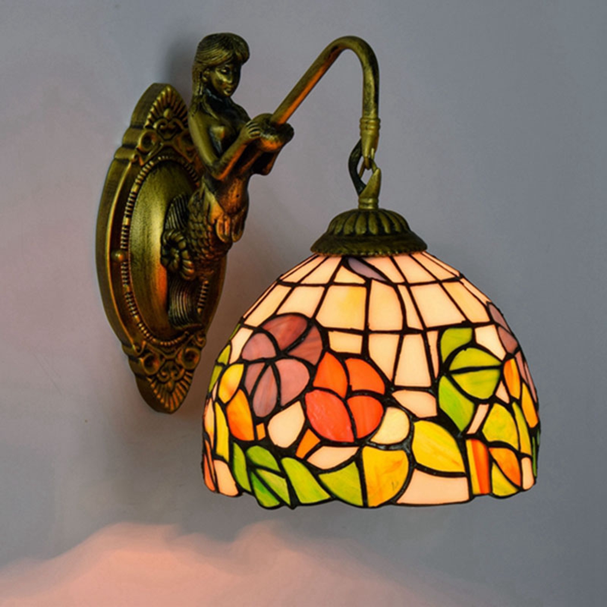 Blivuself Tiffany European Vintage Style Stained Glass 8-Inch Green Flare For Restaurant Bedroom Bed Wall Lamp Light Luxury Style Living Room Background Wall Passage Wall Lamp 8-Inch Pastoral Flower - Single Head Mermaid Wall Lamp OFW0935