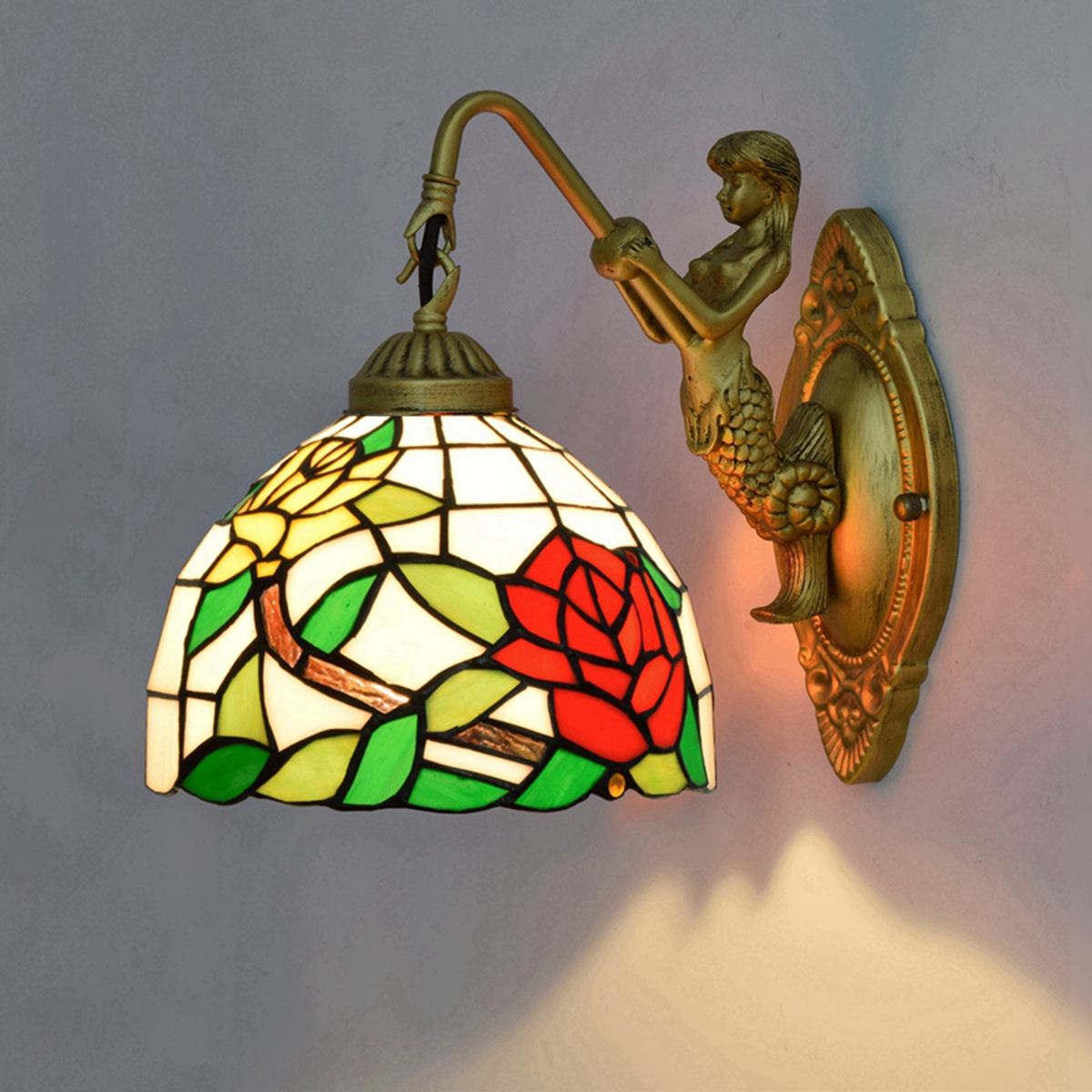 Blivuself Tiffany European Style Retro Style Stained Glass 8 Inch Red And Yellow Double Color Rose For Dining Room Bedroom Bed Wall Light Luxury Style Living Room Background Wall Channel Wall Wall 8 Inch Double Color Rose - Single Head Mermaid Wall Lamp OFW0937