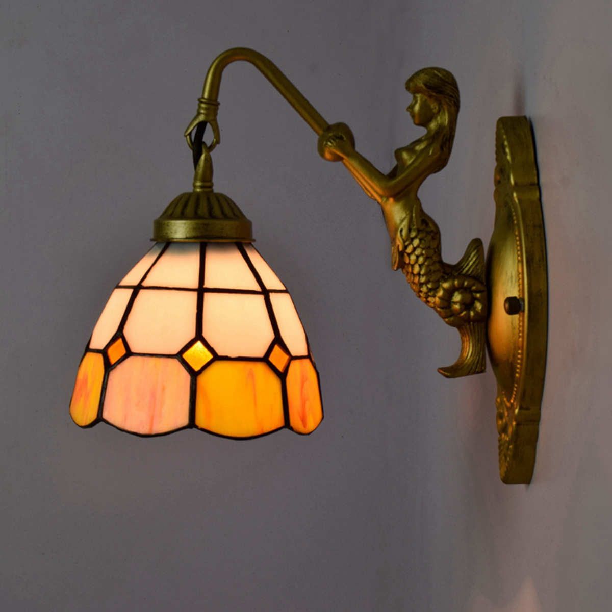 Blivuself Tiffany European Vintage Style Stained Glass 6-Inch Lattice For Restaurant Bedroom Bed Wall Lamp Light Luxury Style Living Room Background Wall Passage Wall Lamp 6-Inch Yellow And White Lattice - Single Head Mermaid Wall Lamp OFW0942