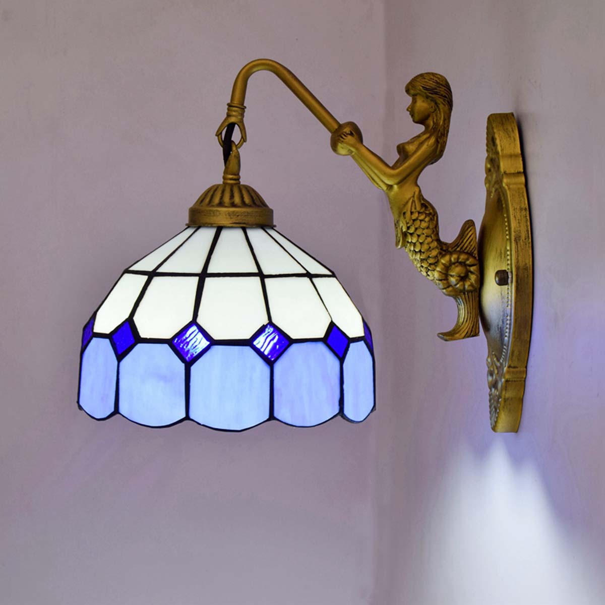 Blivuself Tiffany European vintage style stained glass 8-inch lattice for restaurant bedroom bed wall lamp Light luxury style living room background wall passage wall lamp 8-inch blue and white lattice - single head mermaid wall lamp OFW0943