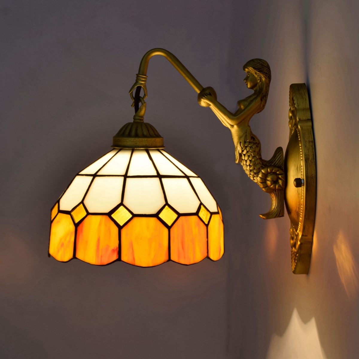 Blivuself Tiffany European Vintage Style Stained Glass 8-Inch Lattice For Restaurant Bedroom Bed Wall Lamp Light Luxury Style Living Room Background Wall Passage Wall Lamp 8-Inch Yellow And White Lattice - Single Head Mermaid Wall Lamp OFW0944