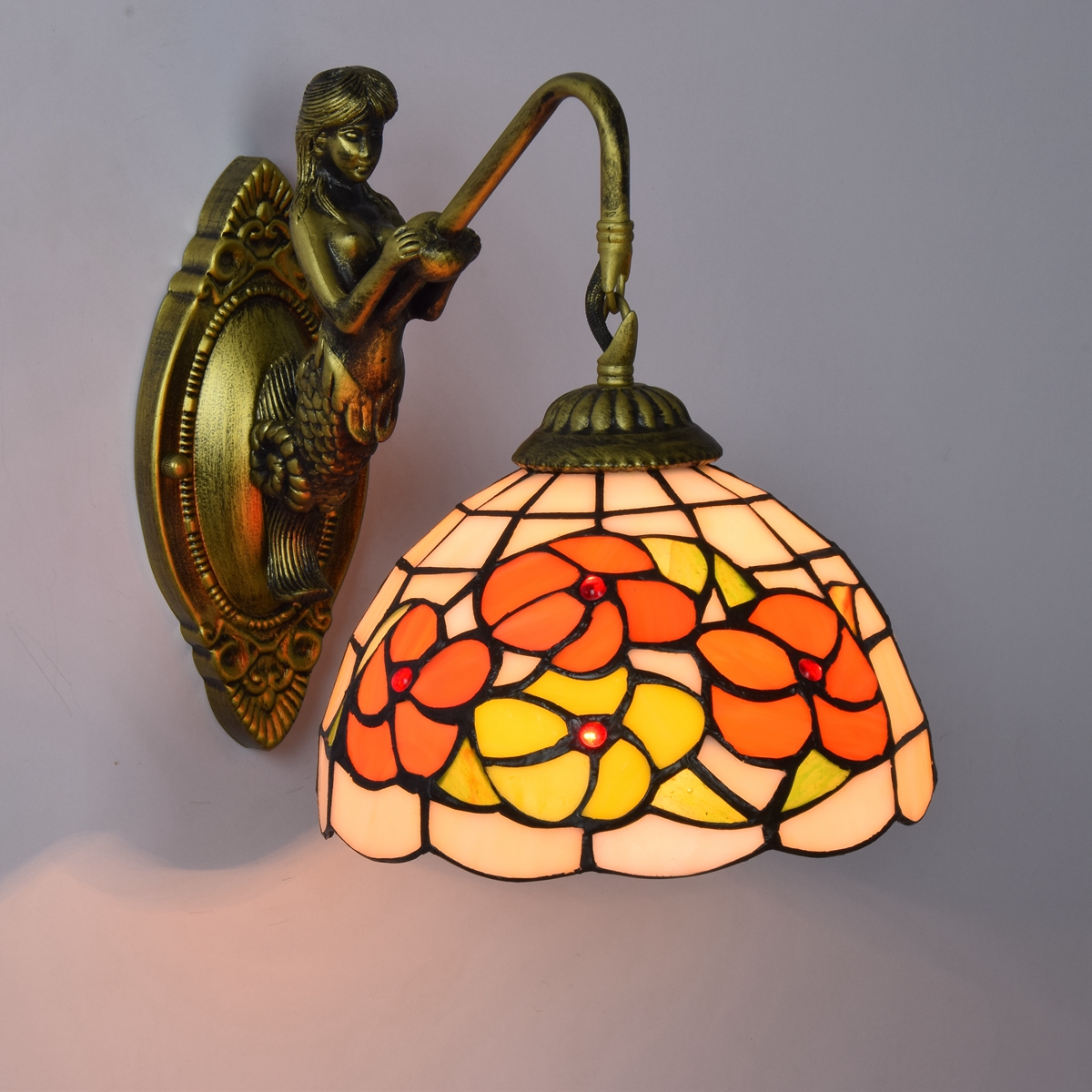 Blivuself Tiffany European Vintage Style Stained Glass 8-Inch Flowers For Restaurant Bedroom Bed Wall Lamp Light Luxury Style Living Room Background Wall Passage Wall Lamp 8-Inch Rich Flower - Single Head Mermaid Wall Lamp OFW0946