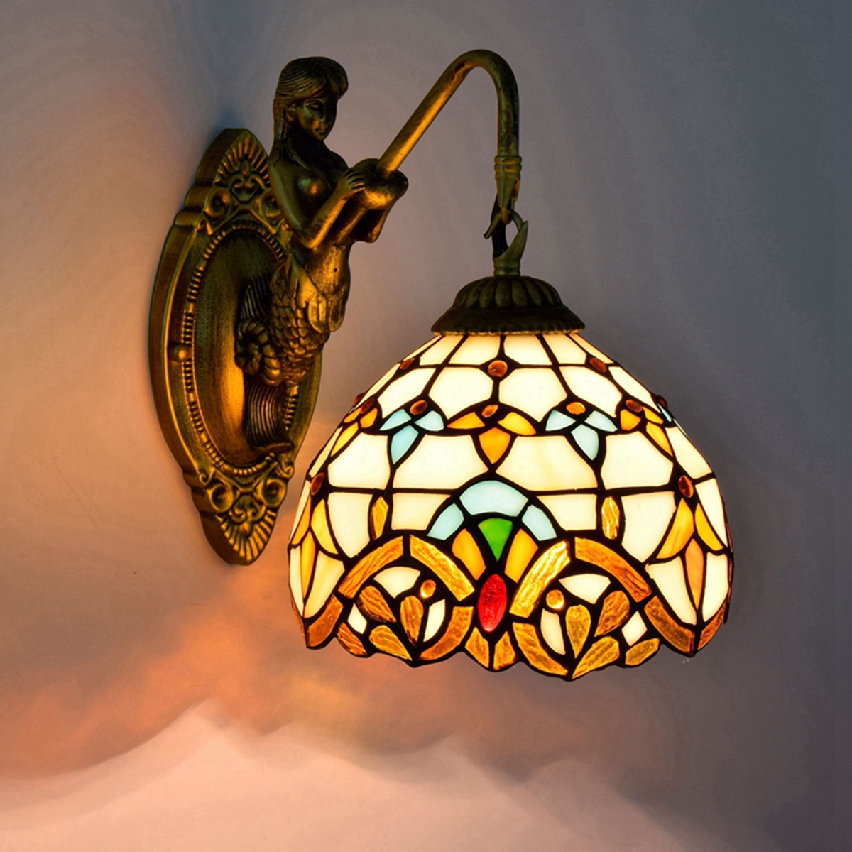 Blivuself Tiffany European Vintage Style Stained Glass 8 Inches Warm Yellow Baroque For Dining Room Bedroom Bed Wall Lamp Light Luxury Style Living Room Background Wall Passage Wall Lamp 8 Inches Baroque - Single Head Mermaid Wall Lamp OFW0949