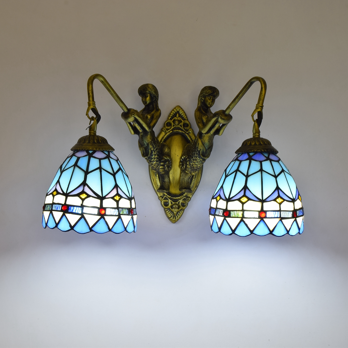 Blivuself Tiffany European Vintage Style Stained Glass 6 Inch Blue Feather For Dining Room Bedroom Bed Wall Light Luxury Style Living Room Background Wall Passage Wall Light 6" Mediterranean - Double Head Mermaid Wall Light - Feather OFW0960