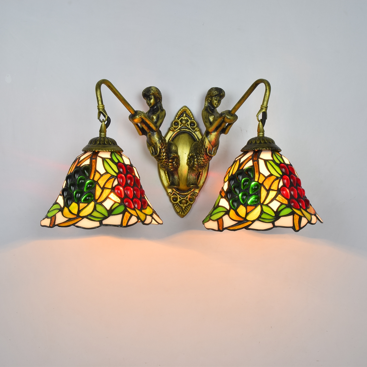 Blivuself Tiffany European Vintage Style Stained Glass 8-Inch Grape For Restaurant Bedroom Bed Wall Lamp Light Luxury Style Living Room Background Wall Passage Wall Lamp 8-Inch White Grape - Double Head Mermaid Wall Lamp OFW0951