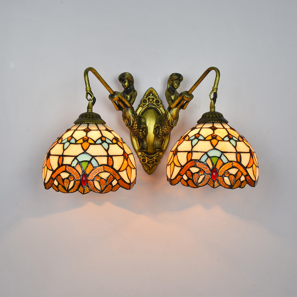 Blivuself Tiffany European Vintage Style Stained Glass 8 Inches Warm Yellow Baroque For Dining Room Bedroom Bed Wall Lamp Light Luxury Style Living Room Background Wall Passage Wall Lamp 8 Inches Baroque - Double Head Mermaid Wall Lamp OFW0973