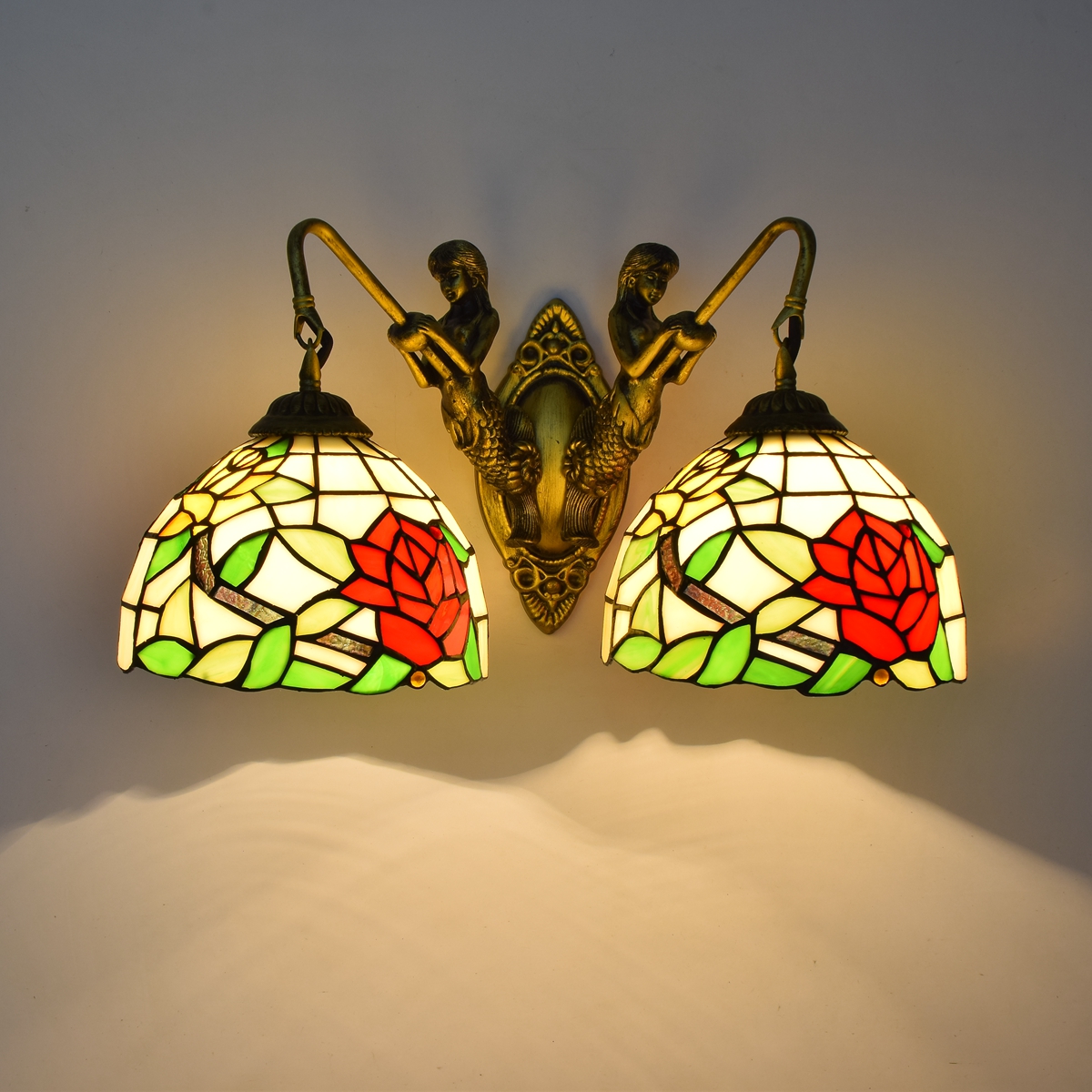 Blivuself Tiffany European Vintage Style Stained Glass 8-Inch Red And Yellow Two-Color Rose For Restaurant Bedroom Bed Wall Lamp Light Luxury Style Living Room Background Wall Passage Wall Lamp 8-Inch Two-Color Rose - Double Head Mermaid Wall Lamp OFW0967