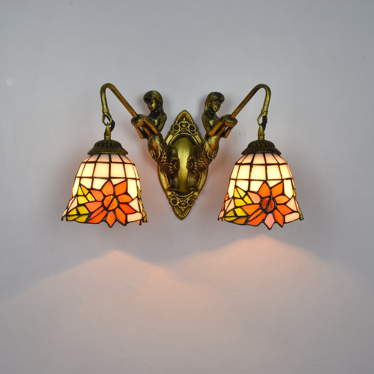 Blivuself Tiffany European Vintage Style Stained Glass 6-Inch Orange Sunflower For Dining Room Bedroom Bed Wall Lamp Light Luxury Style Living Room Background Wall Passage Wall Lamp 6-Inch Horn Sunflower - Double Head Mermaid Wall Lamp OFW0970