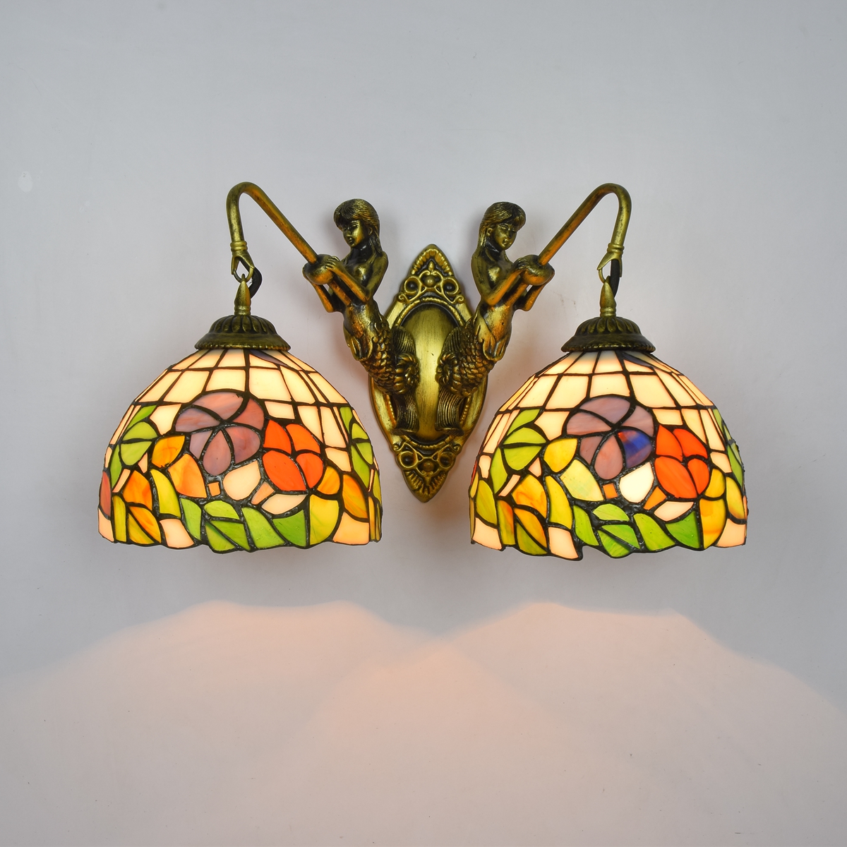 Blivuself Tiffany European Vintage Style Stained Glass 8-Inch Tri-Color Morning Glory For Restaurant Bedroom Bed Wall Lamp Light Luxury Style Living Room Background Wall Passage Wall Lamp 8-Inch Pastoral Flower - Double Head Mermaid Wall Lamp OFW0966