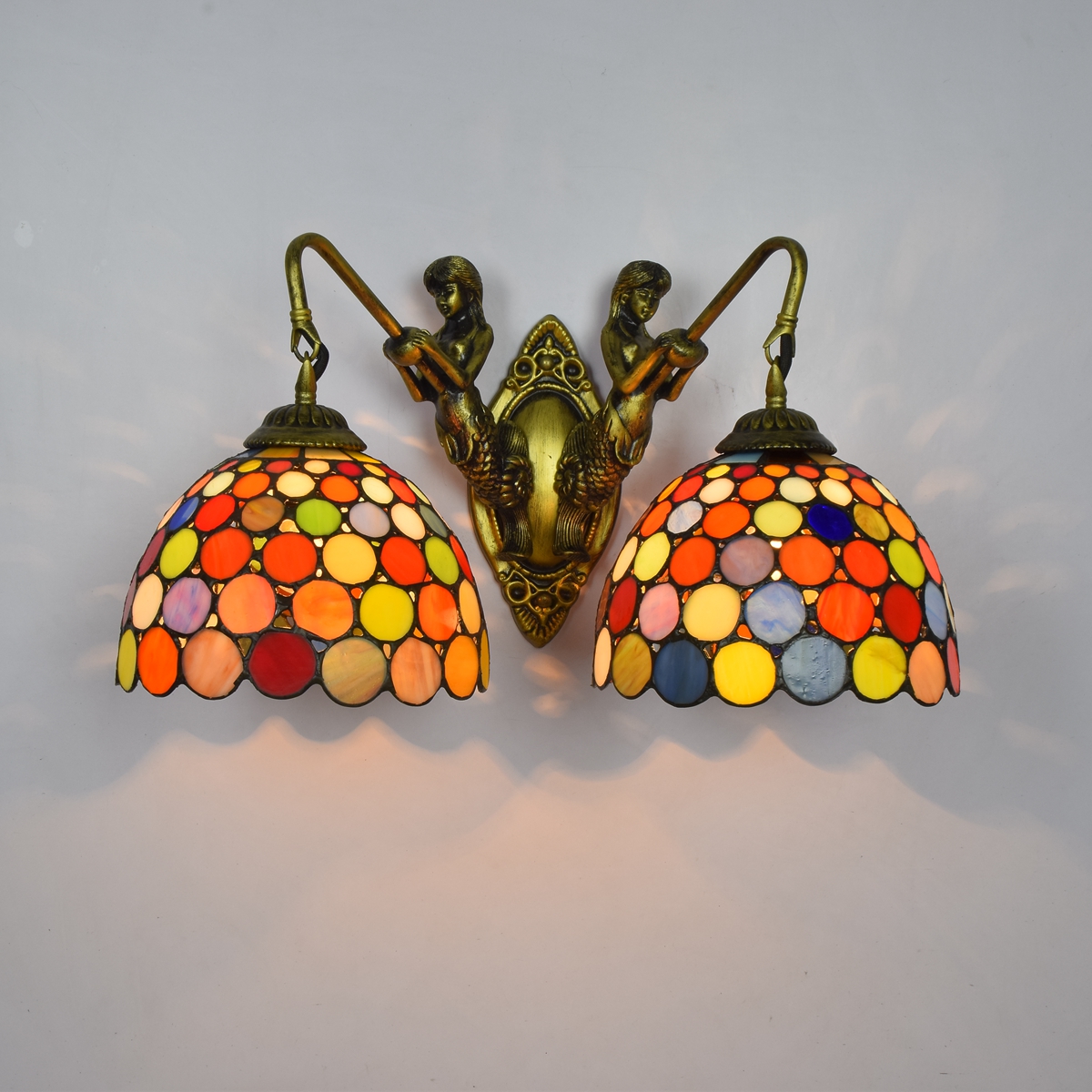 Blivuself Tiffany European Vintage Style Stained Glass 8-Inch Red Circle For Restaurant Bedroom Bed Wall Lamp Light Luxury Style Living Room Background Wall Passage Wall Lamp 8-Inch Colorful Circle - Double Head Mermaid Wall Lamp OFW0956