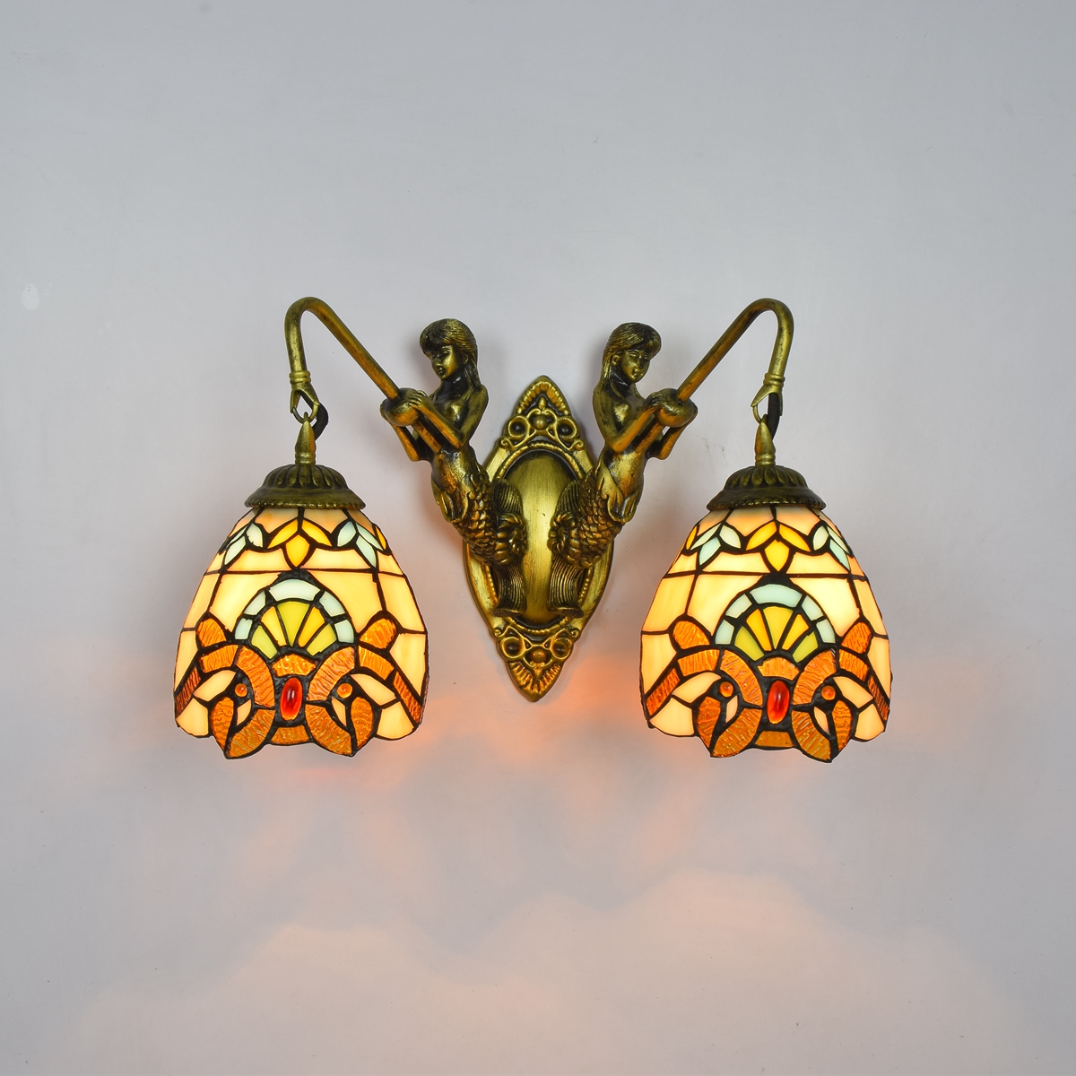 Blivuself Tiffany European Vintage Style Stained Glass 6 Inches Warm Yellow Baroque For Dining Room Bedroom Bed Wall Lamp Light Luxury Style Living Room Background Wall Passage Wall Lamp 6 Inches Baroque - Double Head Mermaid Wall Lamp OFW0955