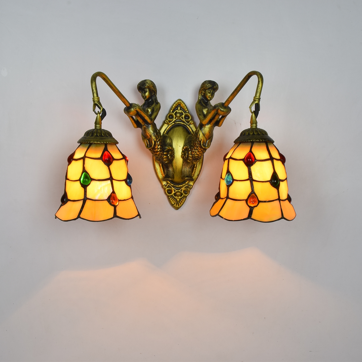 Blivuself Tiffany European Vintage Style Stained Glass 6 Inches Warm Yellow Colored Beads For Restaurant Bedroom Bed Wall Lamp Light Luxury Style Living Room Background Wall Passage Wall Lamp 6 Inches Colored Beads - Double Head Mermaid Wall Lamp OFW0964