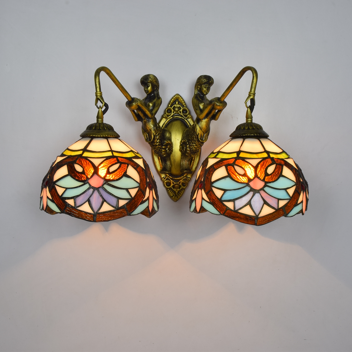 Blivuself Tiffany European Vintage Style Stained Glass 8-Inch Brown Heart Design Suitable For Dining Room Bedroom Bed Wall Lamp Light Luxury Style Living Room Background Wall Passage Wall Lamp 8-Inch Blue Heart - Double Head Mermaid Wall Lamp OFW0965