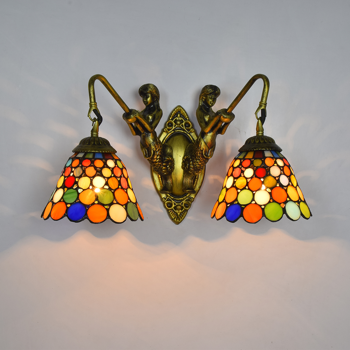 Blivuself Tiffany European Vintage Style Stained Glass 6-Inch Red Circle For Restaurant Bedroom Bed Wall Lamp Light Luxury Style Living Room Background Wall Passage Wall Lamp 6-Inch Colorful Circle - Double Head Mermaid Wall Lamp OFW0959