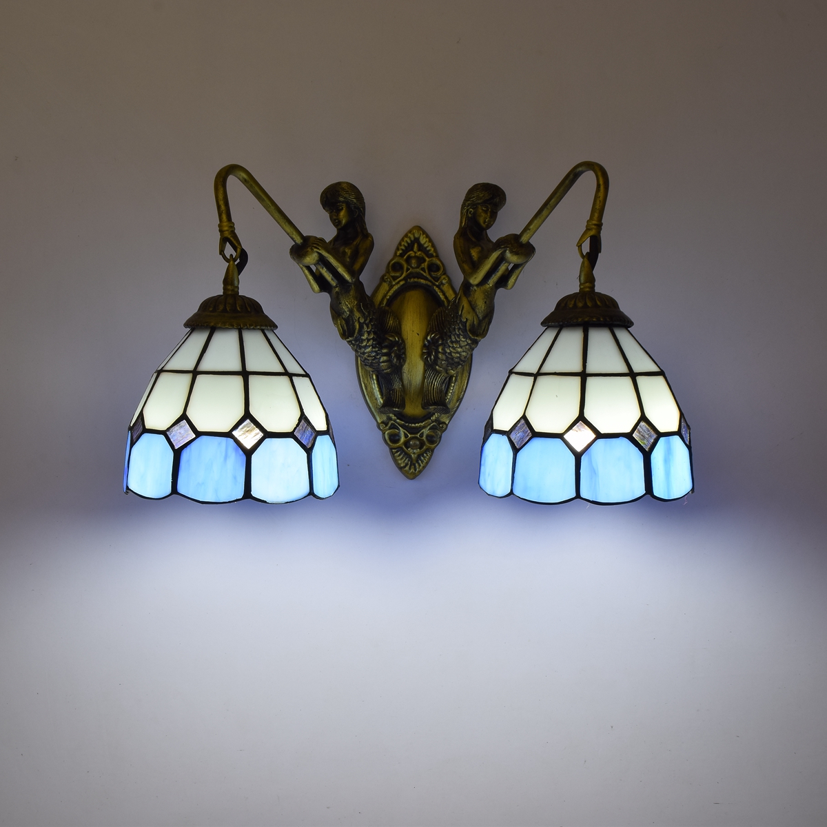 Blivuself Tiffany European Vintage Style Stained Glass 6-Inch Blue Lattice For Restaurant Bedroom Bed Wall Lamp Light Luxury Style Living Room Background Wall Passage Wall Lamp 6-Inch Blue And White Lattice - Double Head Mermaid Wall Lamp OFW0963