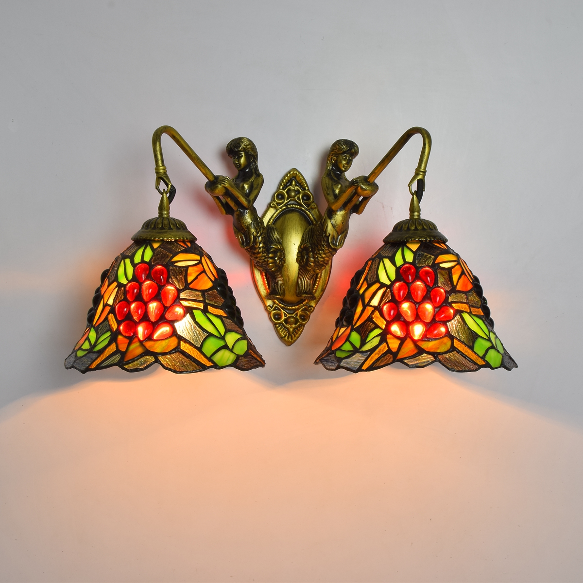 Blivuself Tiffany European Vintage Style Stained Glass 8-Inch Deep Purple Grape For Restaurant Bedroom Bed Wall Lamp Light Luxury Style Living Room Background Wall Passage Wall Lamp 8-Inch Black Grape - Double Head Mermaid Wall Lamp OFW0950