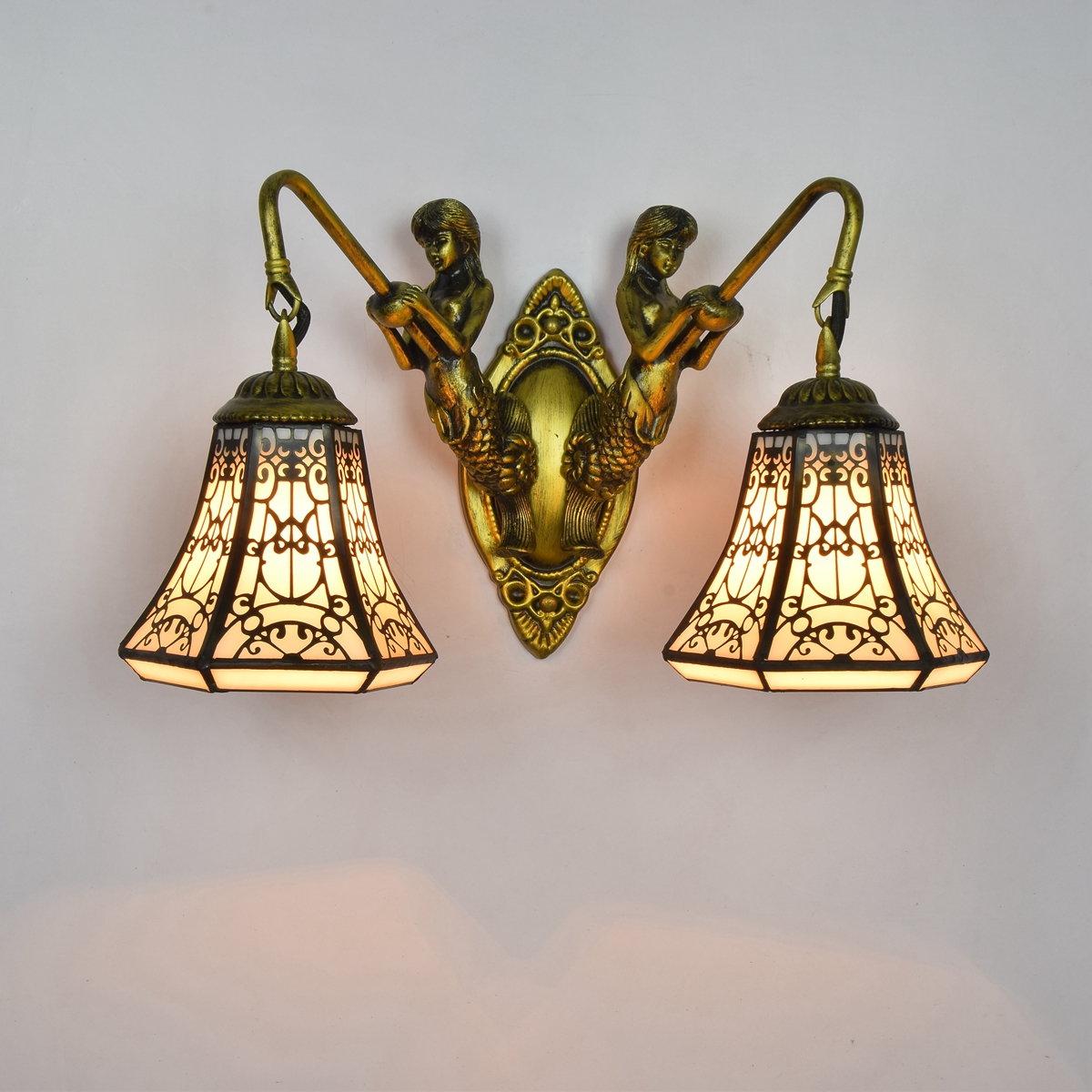 Blivuself Tiffany European Vintage Style Stained Glass 6 Inches White Copper Mesh For Restaurant Bedroom Bed Wall Lamp Light Luxury Style Living Room Background Wall Passage Wall Lamp 6 Inches Copper Mesh - Double Head Mermaid Wall Lamp OFW0969