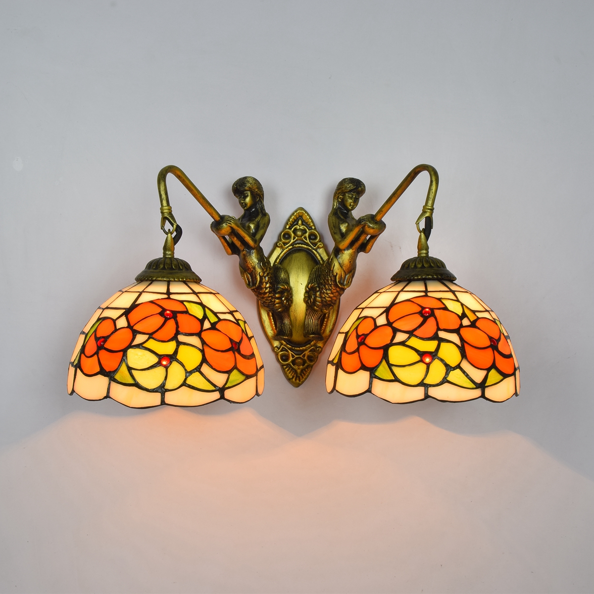 Blivuself Tiffany European Vintage Style Stained Glass 8-Inch Flowers For Restaurant Bedroom Bed Wall Lamp Light Luxury Style Living Room Background Wall Passage Wall Lamp 8-Inch Rich Flower - Double Head Mermaid Wall Lamp OFW0976