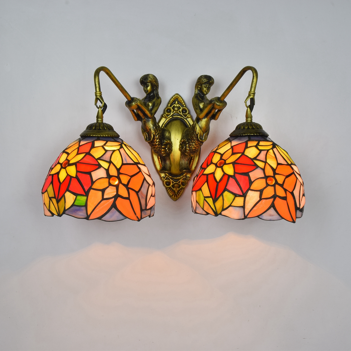 Blivuself Tiffany European Vintage Style Stained Glass 8-Inch Chrysanthemum For Restaurant Bedroom Bed Wall Lamp Light Luxury Style Living Room Background Wall Passage Wall Lamp 8-Inch Chrysanthemum - Double Head Mermaid Wall Lamp OFW0957