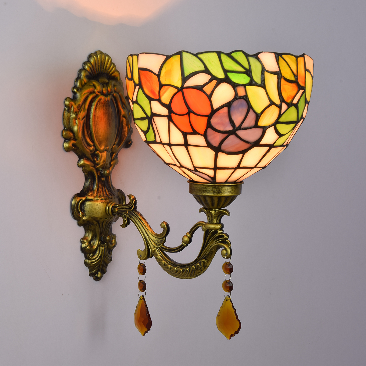 Blivuself Tiffany European Retro Style Stained Glass 8 inch Morning Glory For Dining Room Bedroom Bed Wall Lamp European Retro Light Luxury Style Living Room Background Wall Passage Wall Lamp 8 inch Pastoral Flower-Single Head Crystal Wall Lamp OFW0995