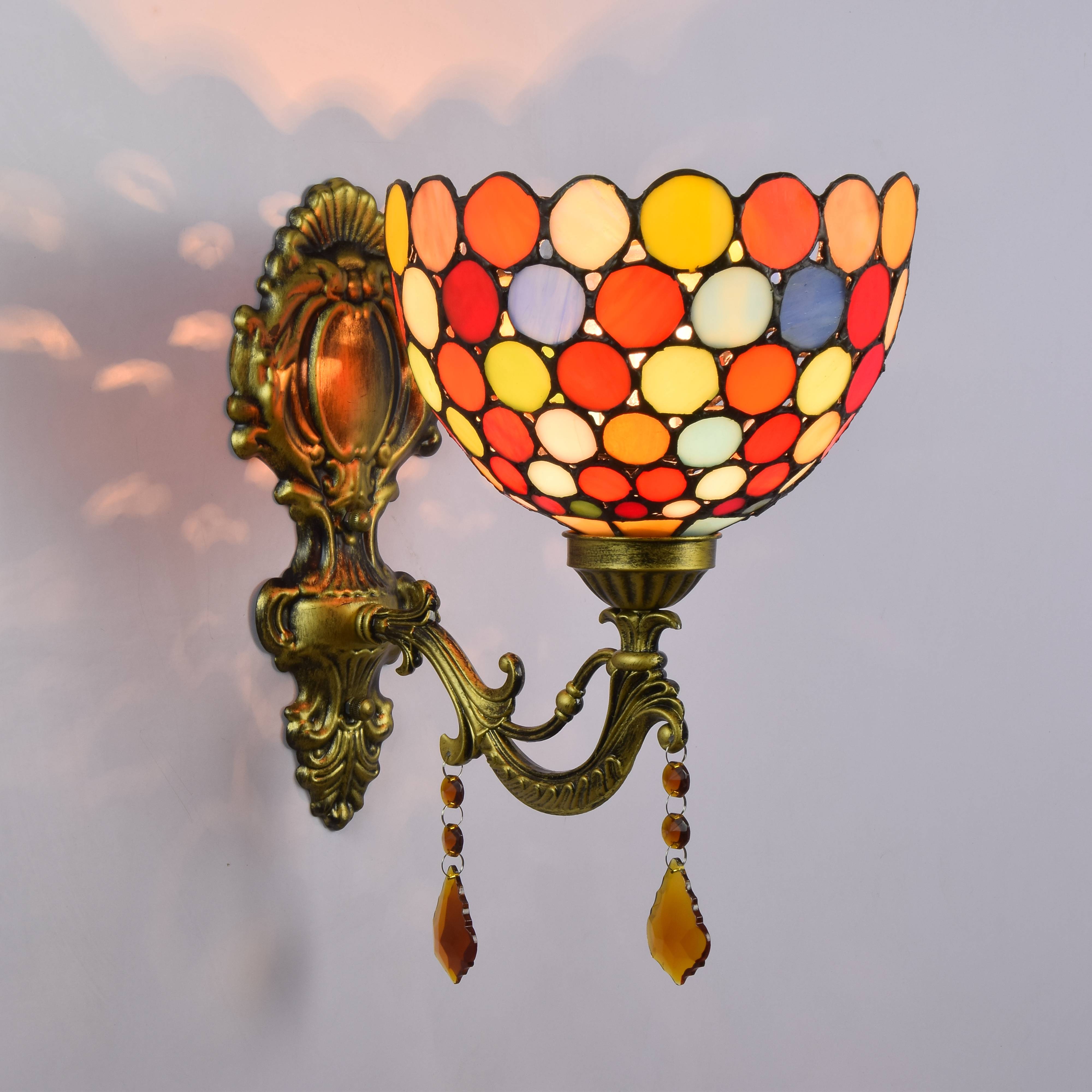 Blivuself Tiffany European Vintage Style Stained Glass 8-Inch Red Circle For Restaurant Bedroom Bed Wall Lamp European Vintage Light Luxury Style Living Room Background Wall Passage Wall Lamp 8-Inch Colorful Circle - Single Head Crystal Wall Lamp OFW0992