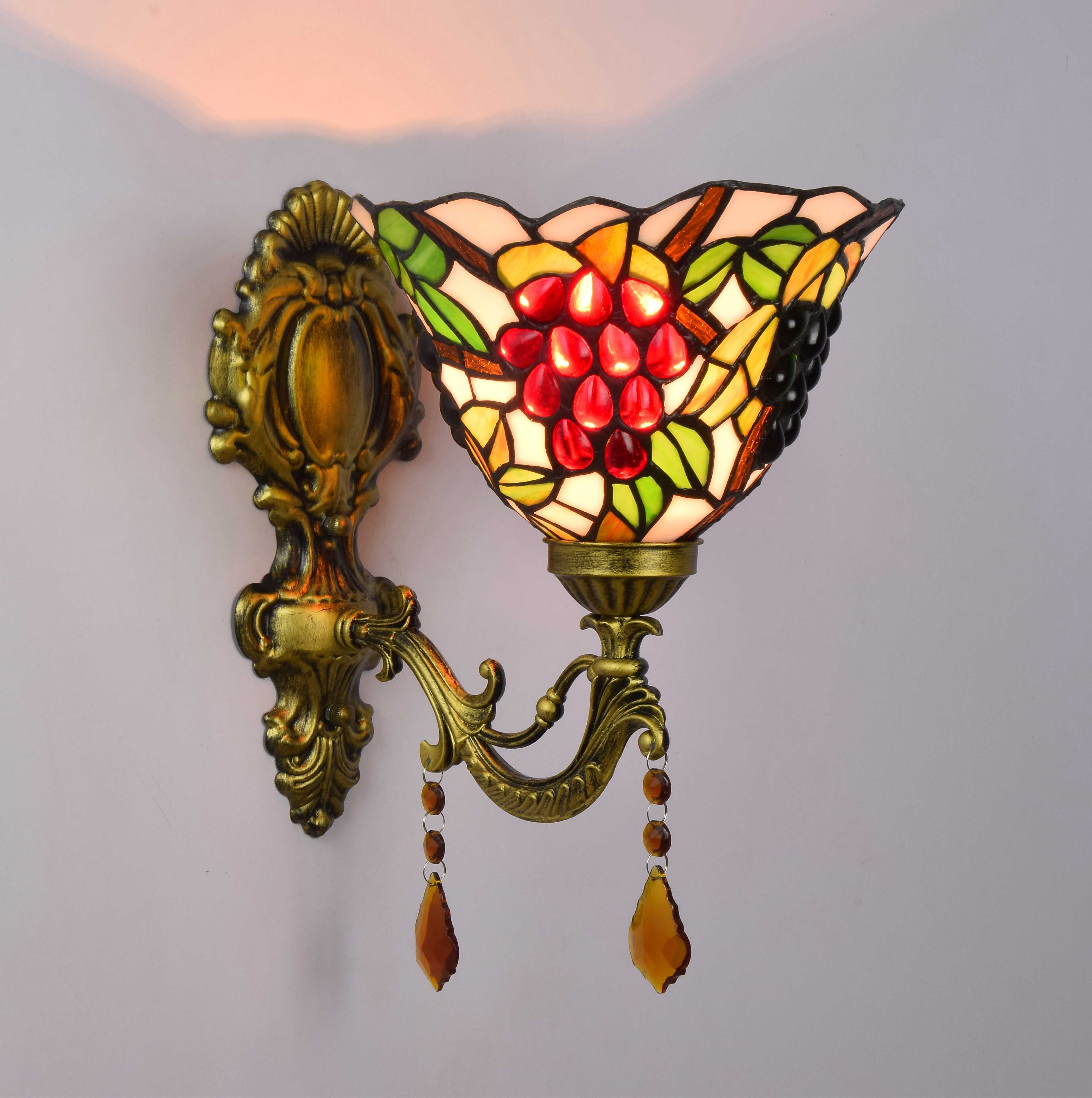 Blivuself Tiffany European Vintage Style Stained Glass 8-Inch Red Grape For Restaurant Bedroom Bed Wall Lamp European Vintage Light Luxury Style Living Room Background Wall Passage Wall Lamp 8-Inch White Grape - Single Head Crystal Wall Lamp OFW0979