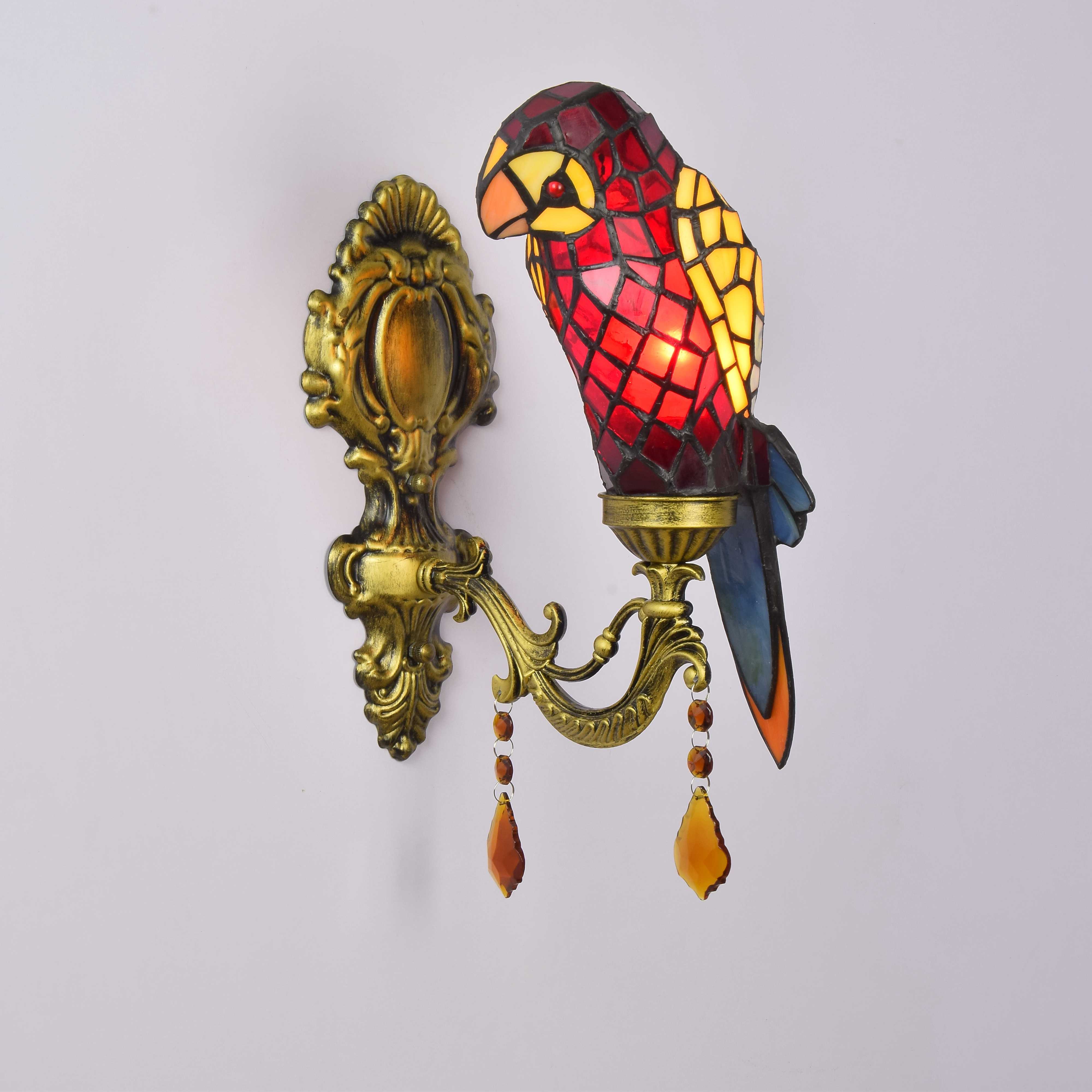 Blivuself Tiffany European Vintage Style Stained Glass Red Parrot For Restaurant Bedroom Bedside Wall Lamp European Vintage Light Luxury Style Living Room Background Wall Passage Wall Lamp Red Parrot - Single Head Crystal Wall Lamp OFW0978