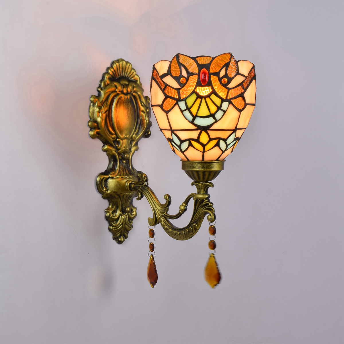 Blivuself Tiffany European Vintage Style Stained Glass 6  Inch Warm Yellow Baroque For Restaurant Bedroom Bed Wall Lamp European Vintage Light Luxury Style Living Room Background Wall Passage Wall Lamp 6" Baroque - Single Head Crystal Wall Lamp OFW0987