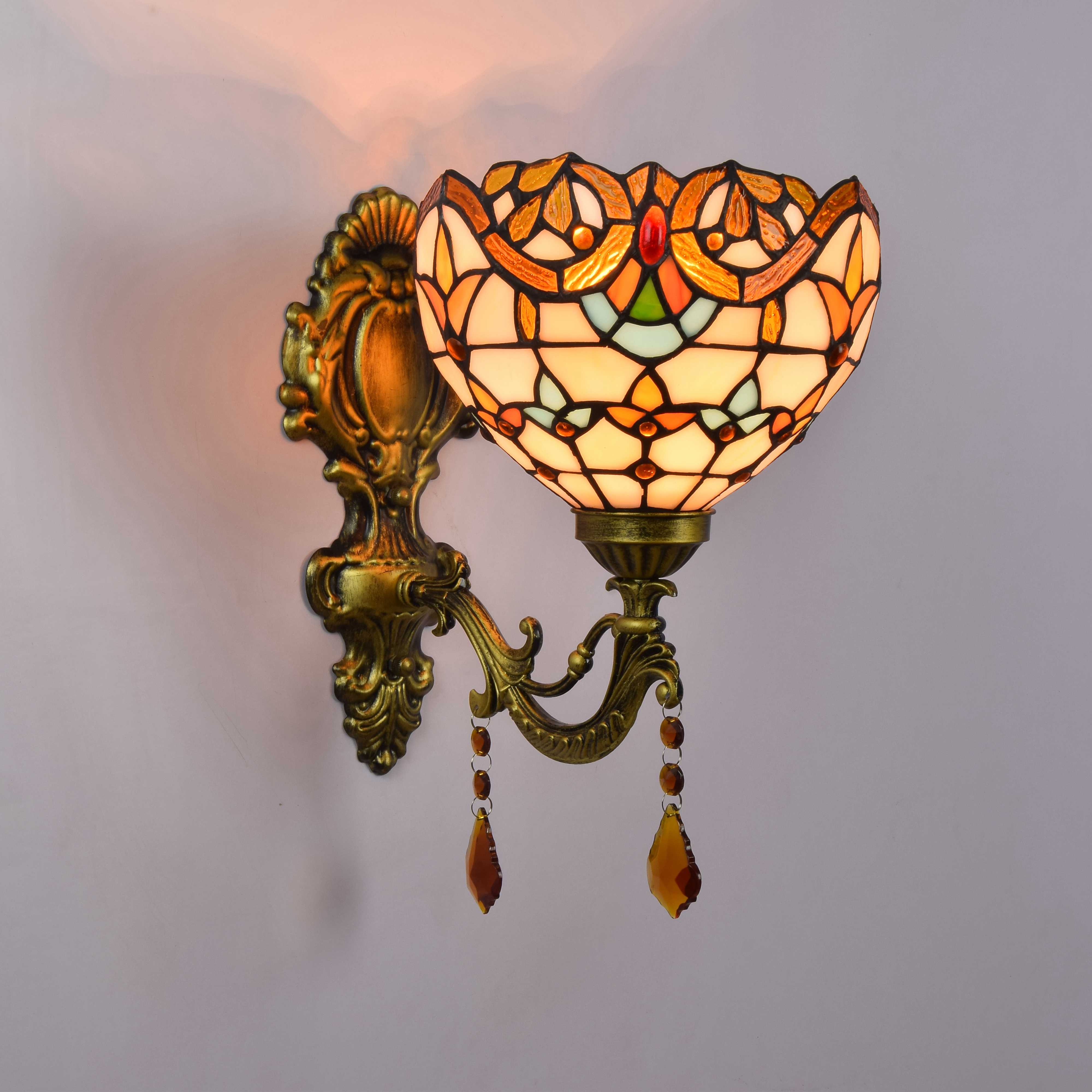 Blivuself Tiffany European Vintage Style Stained Glass 8 Inch Warm Yellow Baroque For Restaurant Bedroom Bed Wall Lamp European Vintage Light Luxury Style Living Room Background Wall Passage Wall Lamp 8" Baroque - Single Head Crystal Wall Lamp OFW0988