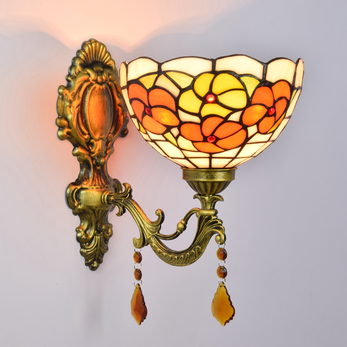 Blivuself Tiffany European Retro Style Stained Glass 8-Inch Flowers Suitable For Restaurant Bedroom Bedside Wall Lamp European Retro Light Luxury Style Living Room Background Wall Passage Wall Lamp 8-Inch Rich Flower - Single Head Crystal Wall Lamp OFW0996