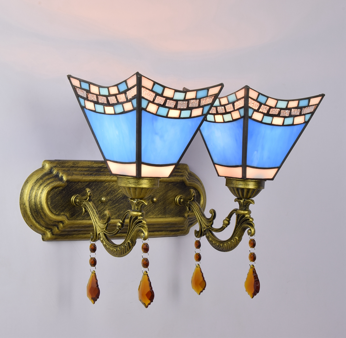 Blivuself Tiffany European Vintage Style Stained Glass 6-Inch Blue Dovetail For Dining Room Bedroom Bedside Wall Lamp Light Luxury Style Living Room Background Wall Passage Wall Lamp 6-Inch Blue Dovetail - Double Head Crystal Wall Lamp OFW1010