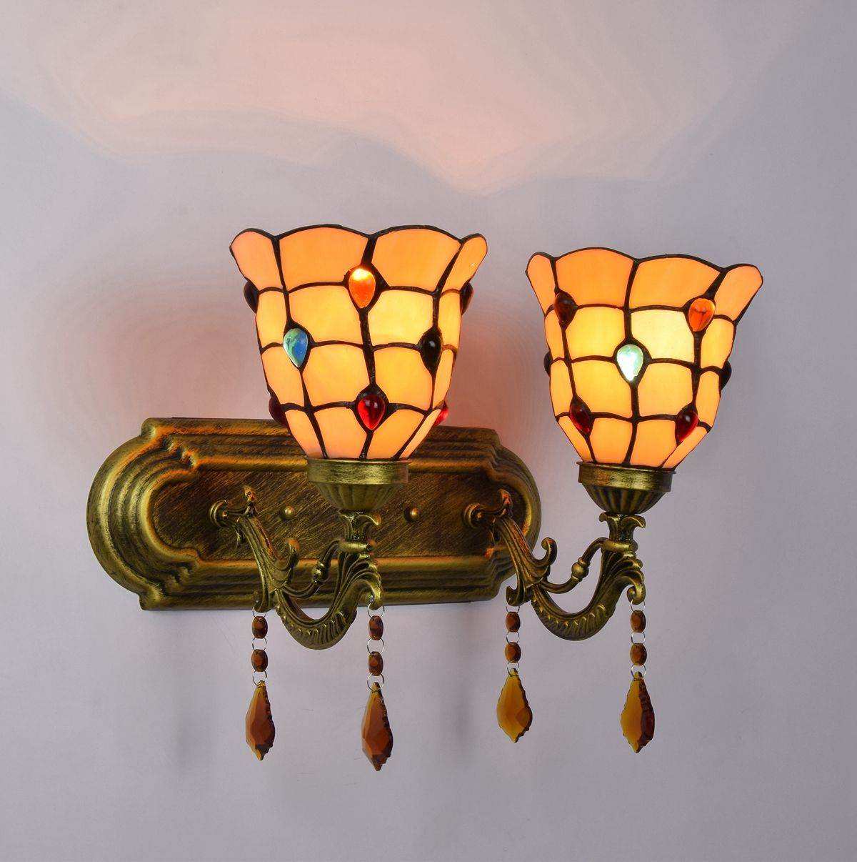  Blivuself Tiffany European Vintage Style Stained Glass 6-Inch Warm Yellow Colored Beads Be Suitable For Dining Room Bedroom Bed Wall Lamp Light Luxury Style Living Room Background Wall Passage Wall Lamp 6-Inch Colored Beads - Double Head Crystal Wall Lamp OFW1009