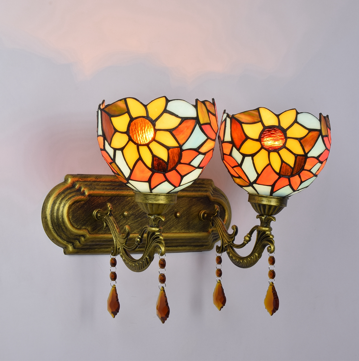 Blivuself Tiffany European Vintage Style Stained Glass 6-Inch Yellow And Orange Sunflower Be Suitable For Dining Room Bedroom Bed Wall Lamp Light Luxury Style Living Room Background Wall Passage Wall Lamp 6-Inch Light Blue Sunflower - Double Head Crystal Wall Lamp OFW1007