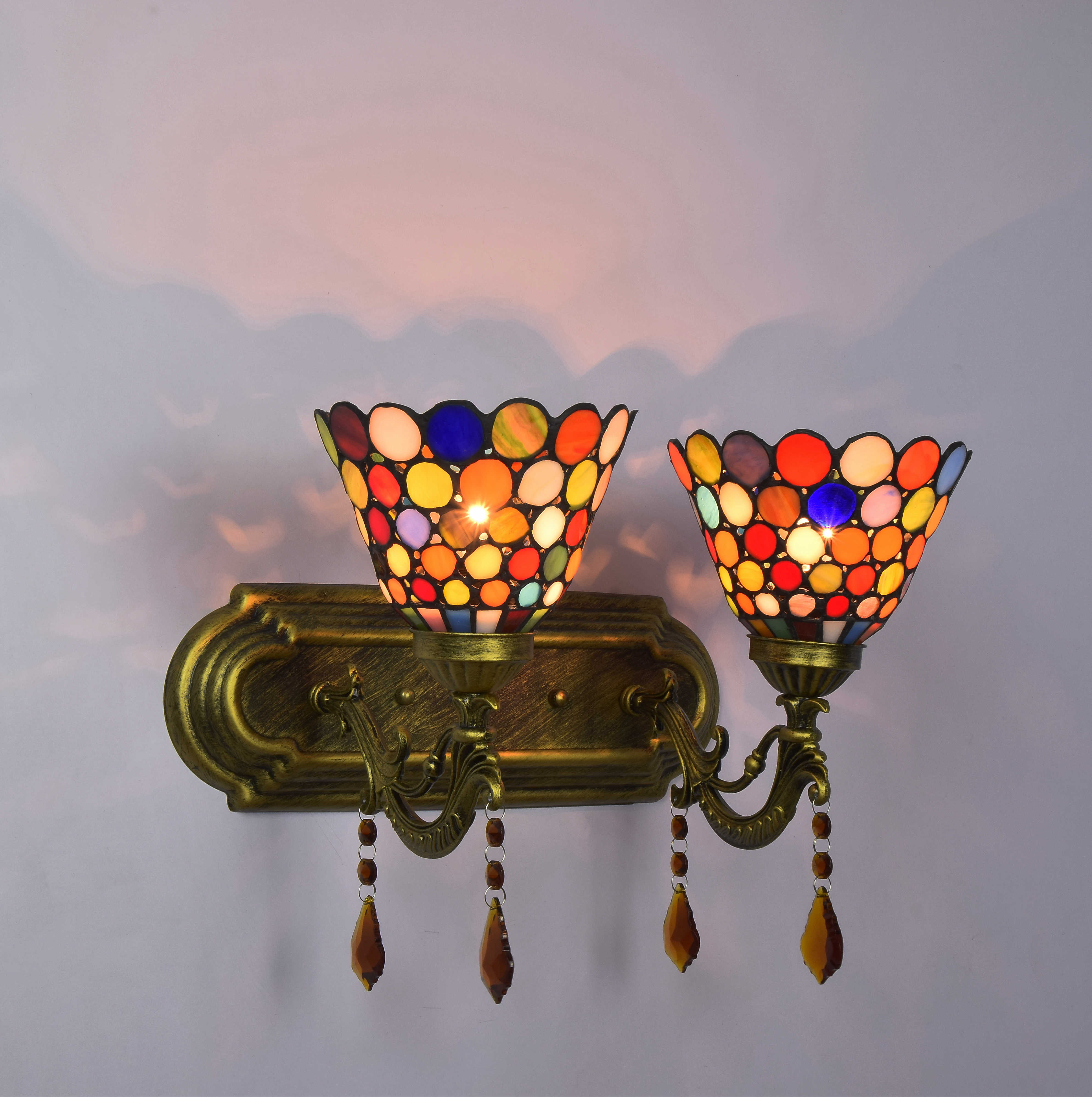 Blivuself Tiffany European Vintage Style Stained Glass 6-Inch Red Circle Be Suitable For Dining Room Bedroom Bed Wall Lamp Light Luxury Style Living Room Background Wall Passage Wall Lamp 6-Inch Colorful Circle - Double Head Crystal Wall Lamp OFW1006