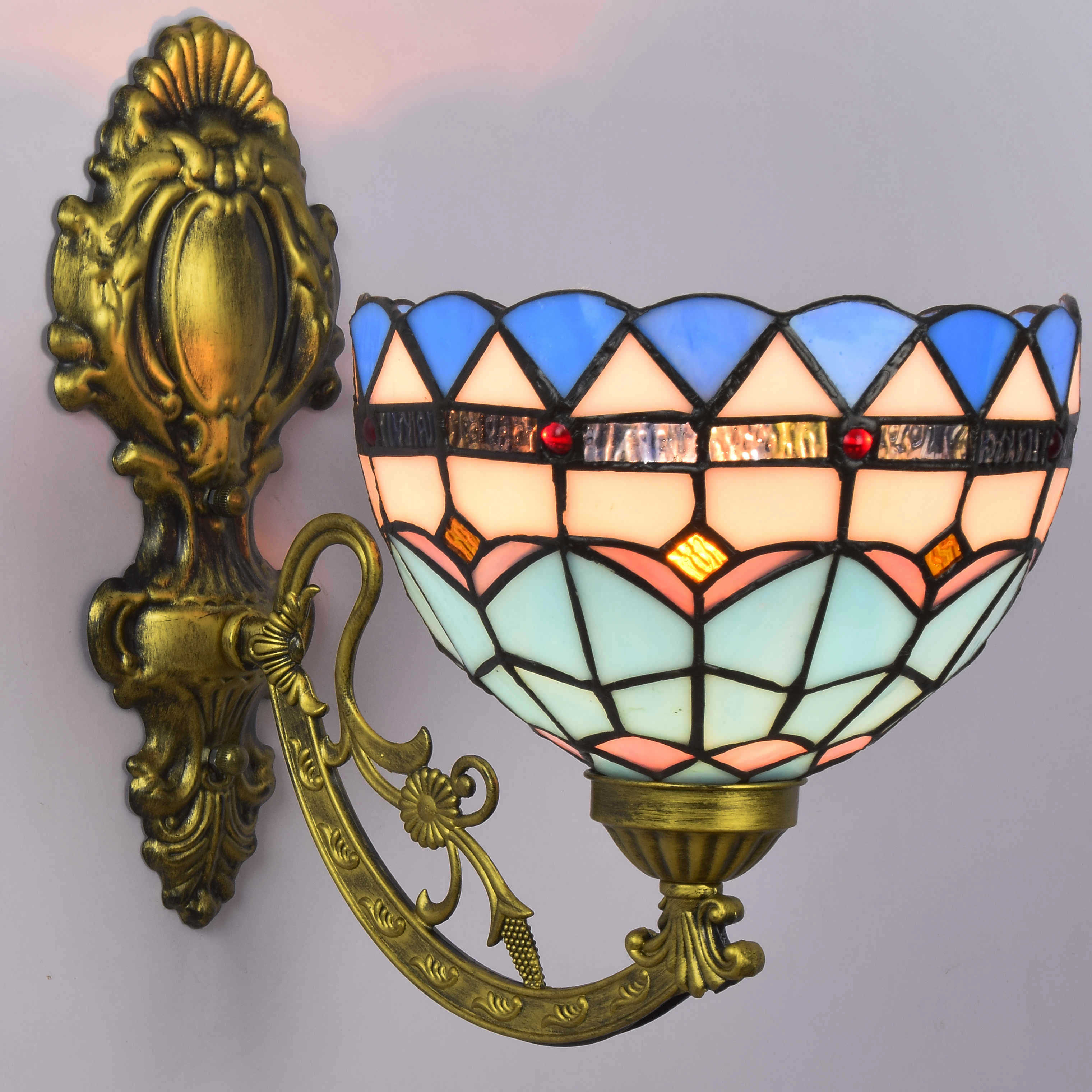 Blivuself Tiffany European Vintage Style Stained Glass 8-Inch Blue Feather For Dining Room Bedroom Bed Wall Lamp Light Luxury Style Living Room Background Wall Passage Wall Lamp 8-Inch Mediterranean - Single Head Corn Wall Lamp - Feather OFW1035