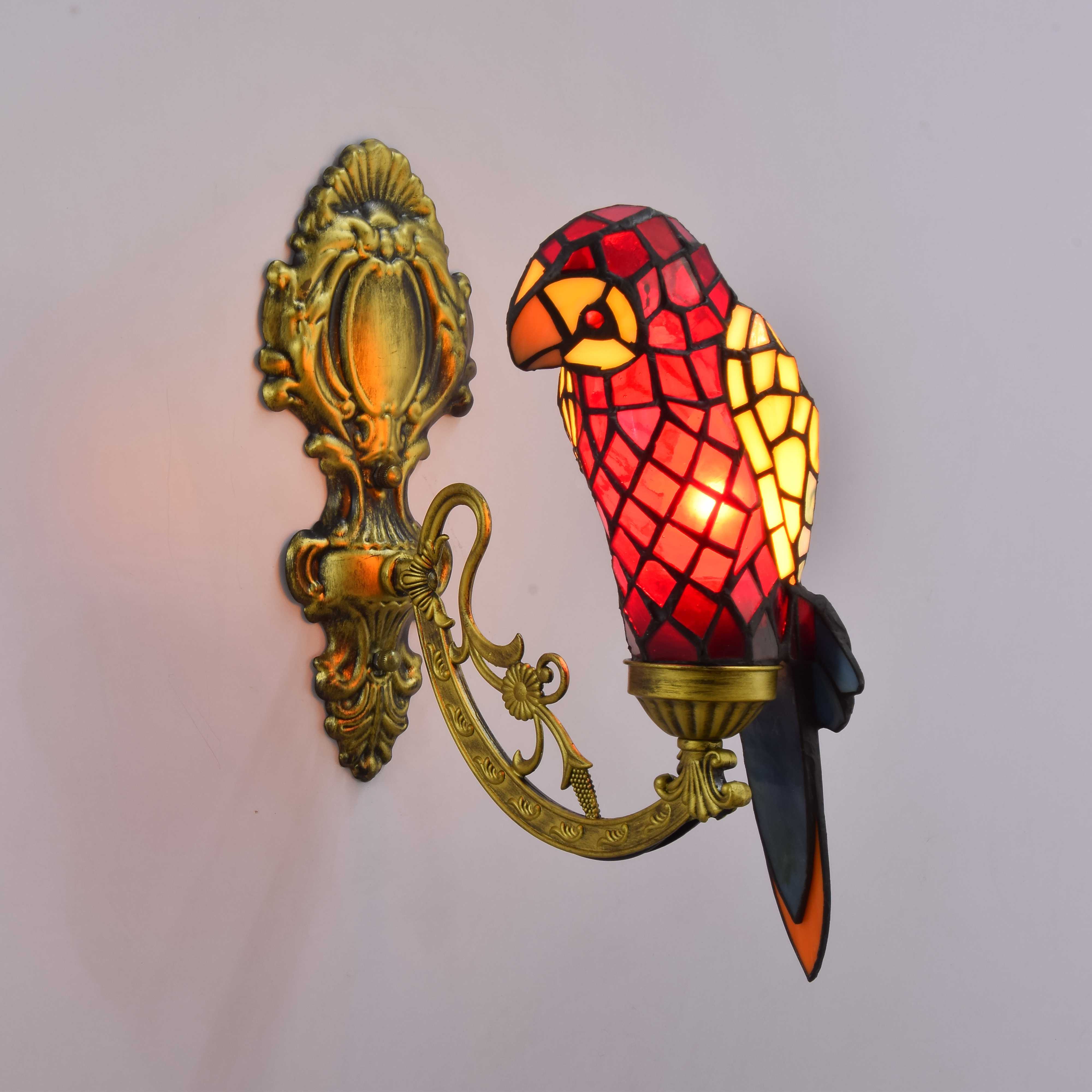 Blivuself Tiffany European Vintage Style Stained Glass Red Parrot For Restaurant Bedroom Bedside Wall Lamp Light Luxury Style Living Room Background Wall Passage Wall Lamp Red Parrot - Single Head Corn Wall Lamp OFW1016