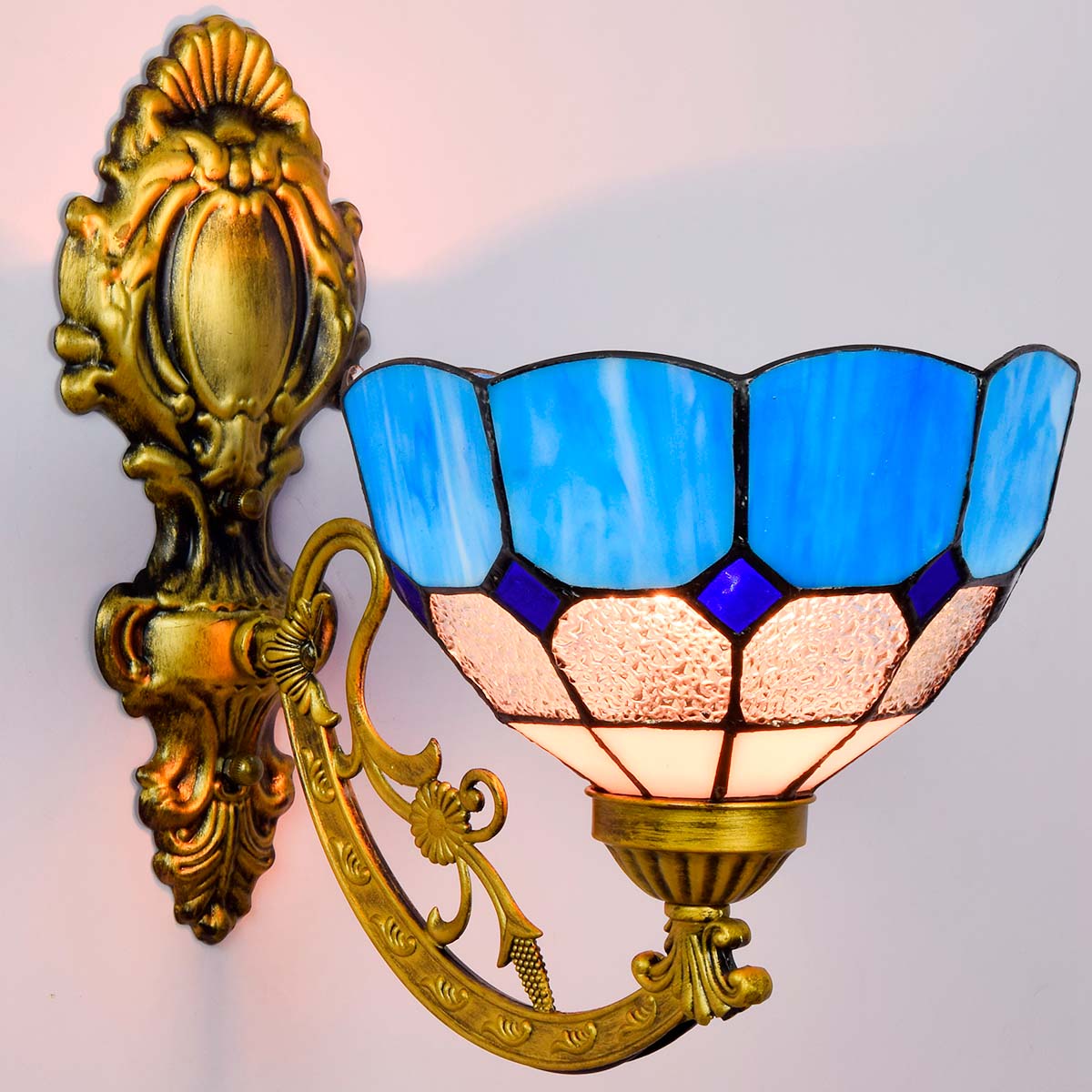 Blivuself Tiffany European Vintage Style Stained Glass 8-Inch Blue Blue Diamond For Restaurant Bedroom Bed Wall Lamp Light Luxury Style Living Room Background Wall Passage Wall Lamp 8-Inch Blue Diamond - Single Head Corn Wall Lamp OFW1026