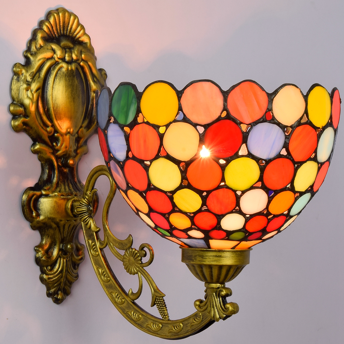 Blivuself Tiffany European Vintage Style Stained Glass 8-Inch Red Round Plate For Restaurant Bedroom Bed Wall Lamp Light Luxury Style Living Room Background Wall Passage Wall Lamp 8-Inch Colorful Round Plate - Single Head Corn Wall Lamp OFW1017