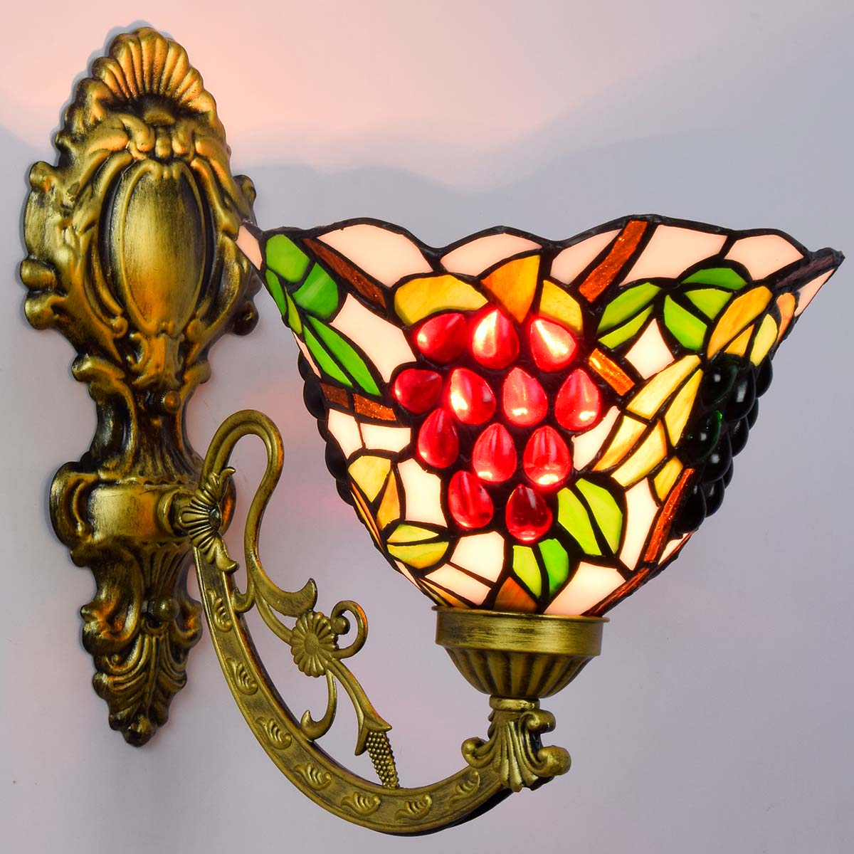 Blivuself Tiffany European Vintage Style Stained Glass 8-Inch Red Bead Grape For Restaurant Bedroom Bed Wall Lamp Light Luxury Style Living Room Background Wall Passage Wall Lamp 8-Inch White Grape - Single Head Corn Wall Lamp OFW1023