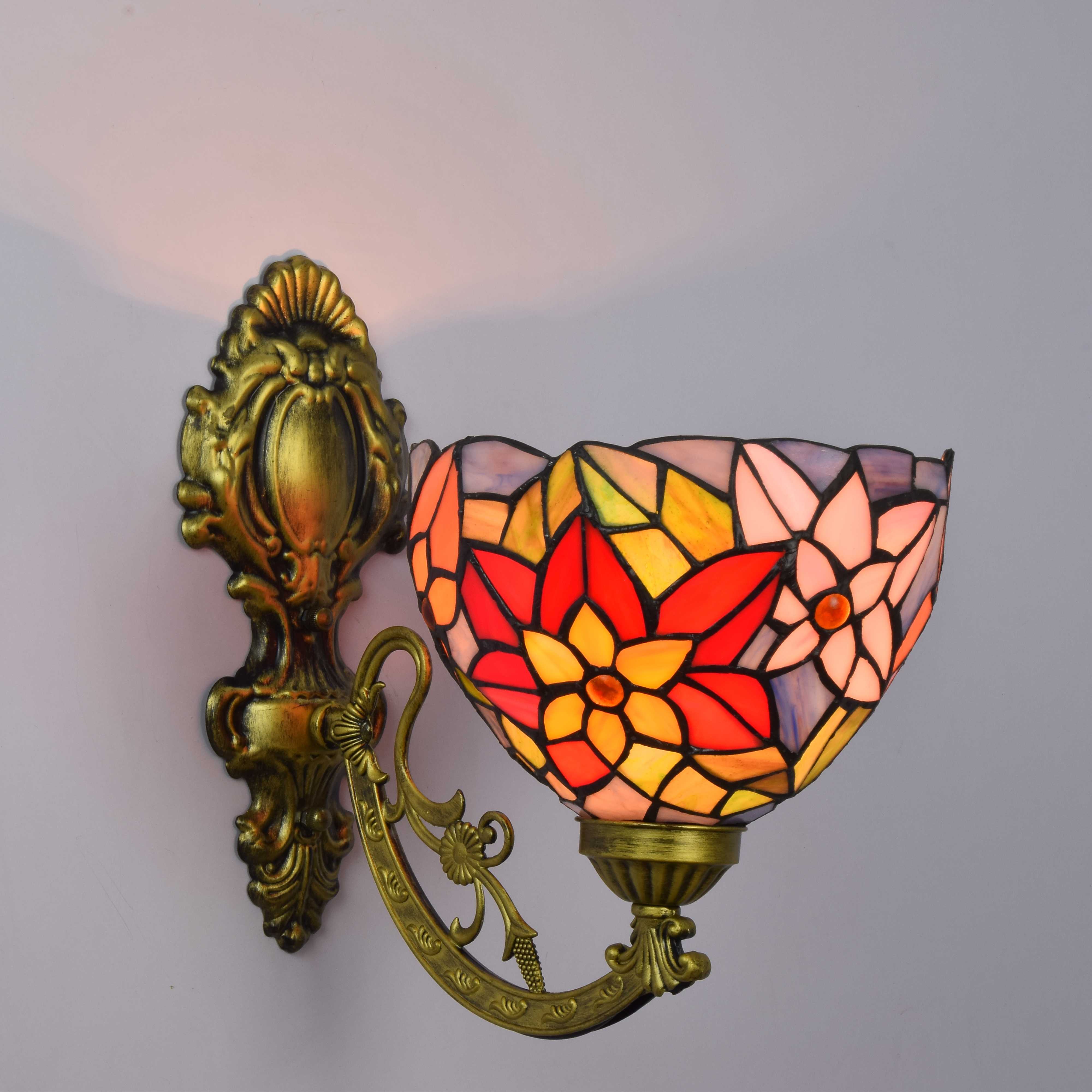 Blivuself Tiffany European Vintage Style Stained Glass 8-Inch Red Purple Chrysanthemum For Restaurant Bedroom Bedside Wall Lamp Light Luxury Style Living Room Background Wall Passage Wall Lamp 8-Inch Chrysanthemum - Single Head Corn Wall Lamp OFW1032