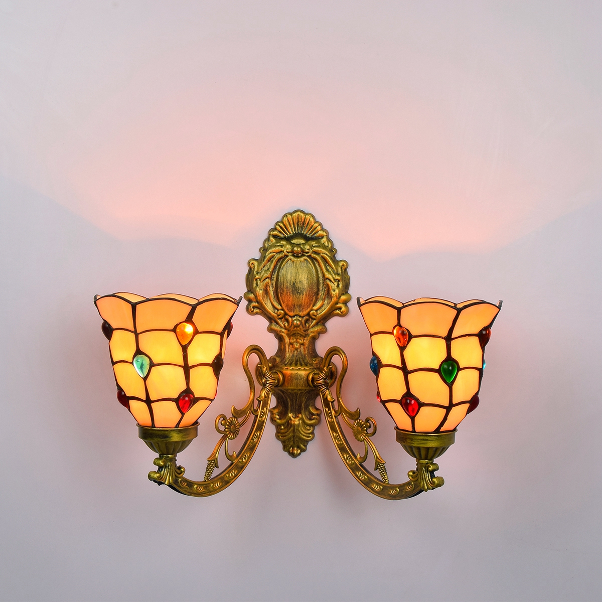Blivuself Tiffany European vintage style stained glass 6-inch yellow colored beads for restaurant bedroom bedside wall lamp light luxury style living room background wall passage wall lamp 6-inch colored beads - double head corn wall lamp OFW1042