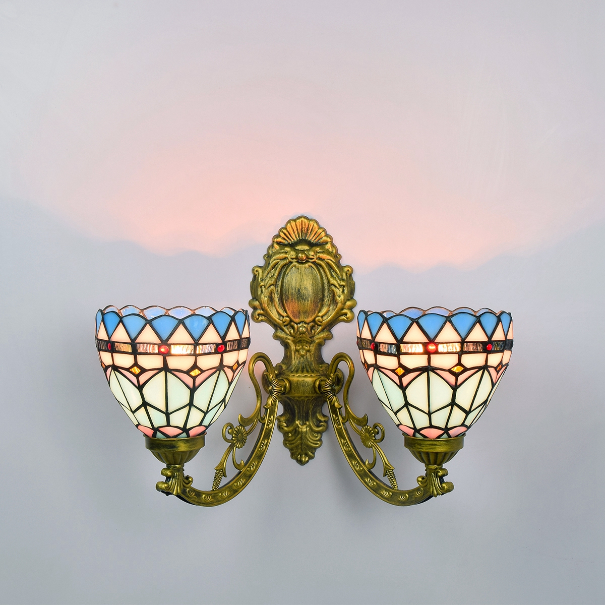 Blivuself Tiffany European Vintage Style Stained Glass 6-Inch Blue Mediterranean Feather For Dining Room Bedroom Bed Wall Lamp Light Luxury Style Living Room Background Wall Passage Wall Lamp 6-Inch Mediterranean - Double Head Corn Wall Lamp - Feather OFW1043