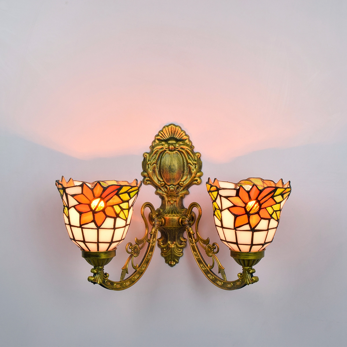 Blivuself Tiffany European Vintage Style Stained Glass 6-Inch Orange Horn Sunflower For Dining Room Bedroom Bed Wall Lamp Light Luxury Style Living Room Background Wall Passage Wall Lamp 6-Inch Horn Sunflower - Double Head Corn Wall Lamp OFW1045