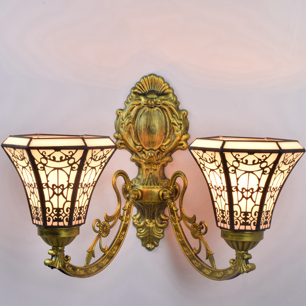 Blivuself Tiffany European Vintage Style Stained Glass 6-Inch White Copper Mesh For Restaurant Bedroom Bedside Wall Lamp Light Luxury Style Living Room Background Wall Passage Wall Lamp 6-Inch Copper Mesh - Double Head Corn Wall Lamp OFW1059