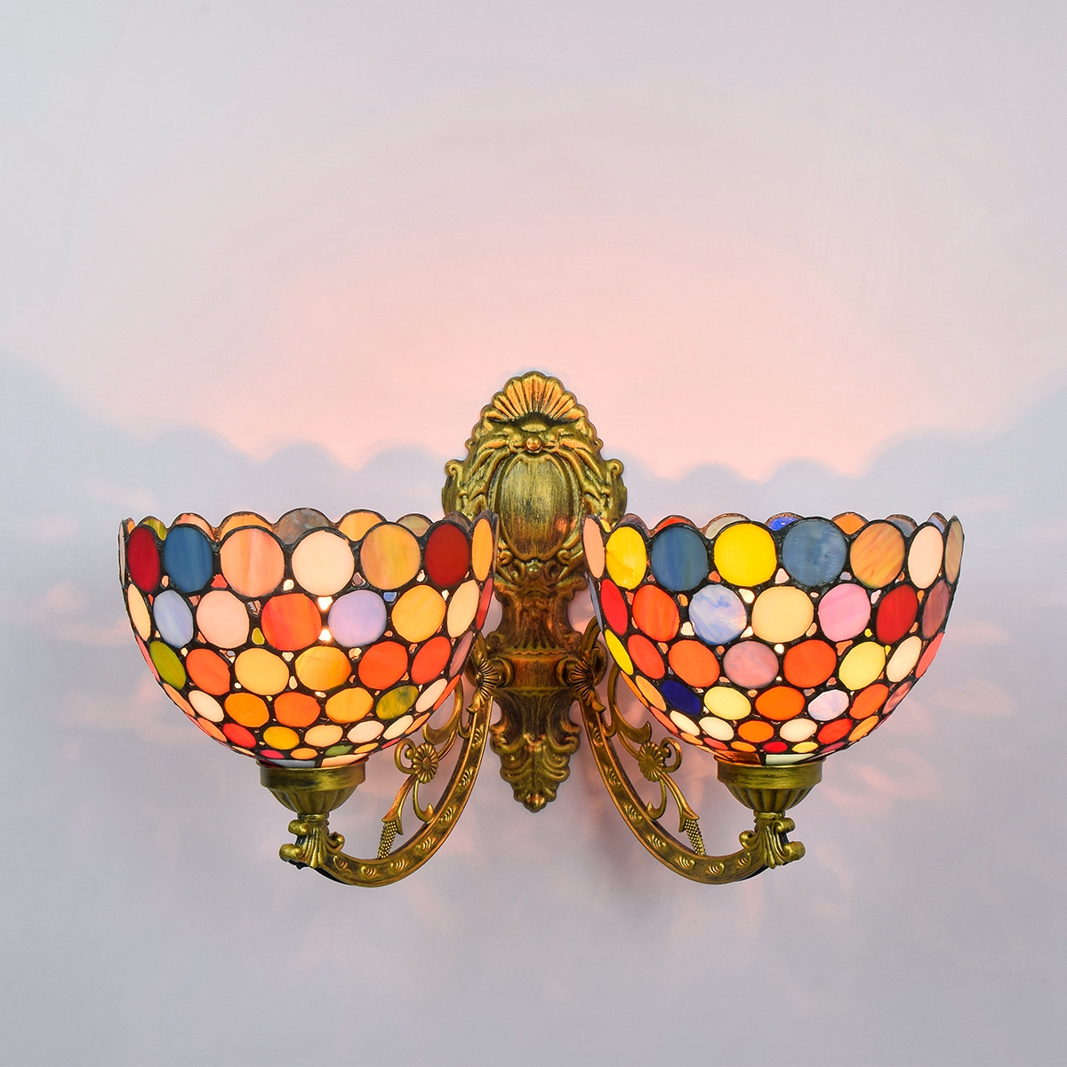 Blivuself Tiffany European Vintage Style Stained Glass 8-Inch Red Round Plate For Restaurant Bedroom Bed Wall Lamp Light Luxury Style Living Room Background Wall Passage Wall Lamp 8-Inch Colorful Round Plate - Double Head Corn Wall Lamp OFW1044