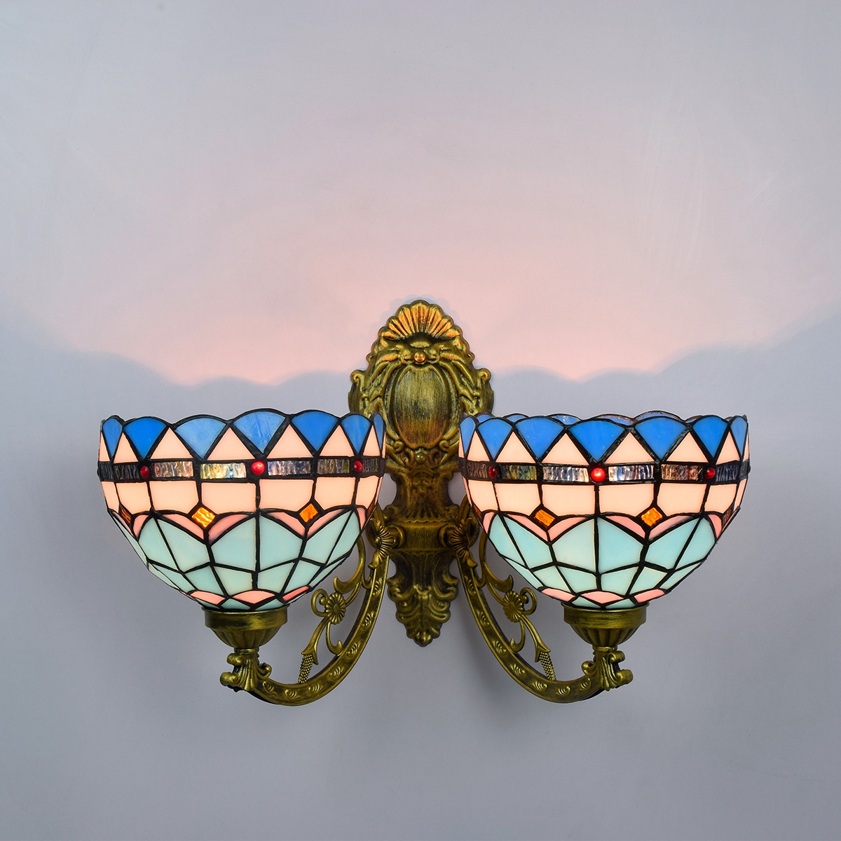 Blivuself Tiffany European Vintage Style Stained Glass 8 Inch Blue Mediterranean Feather For Dining Room Bedroom Bed Wall Lamp Light Luxury Style Living Room Background Wall Passage Wall Lamp 8" Mediterranean - Double Head Corn Wall Lamp - Feather OFW1046
