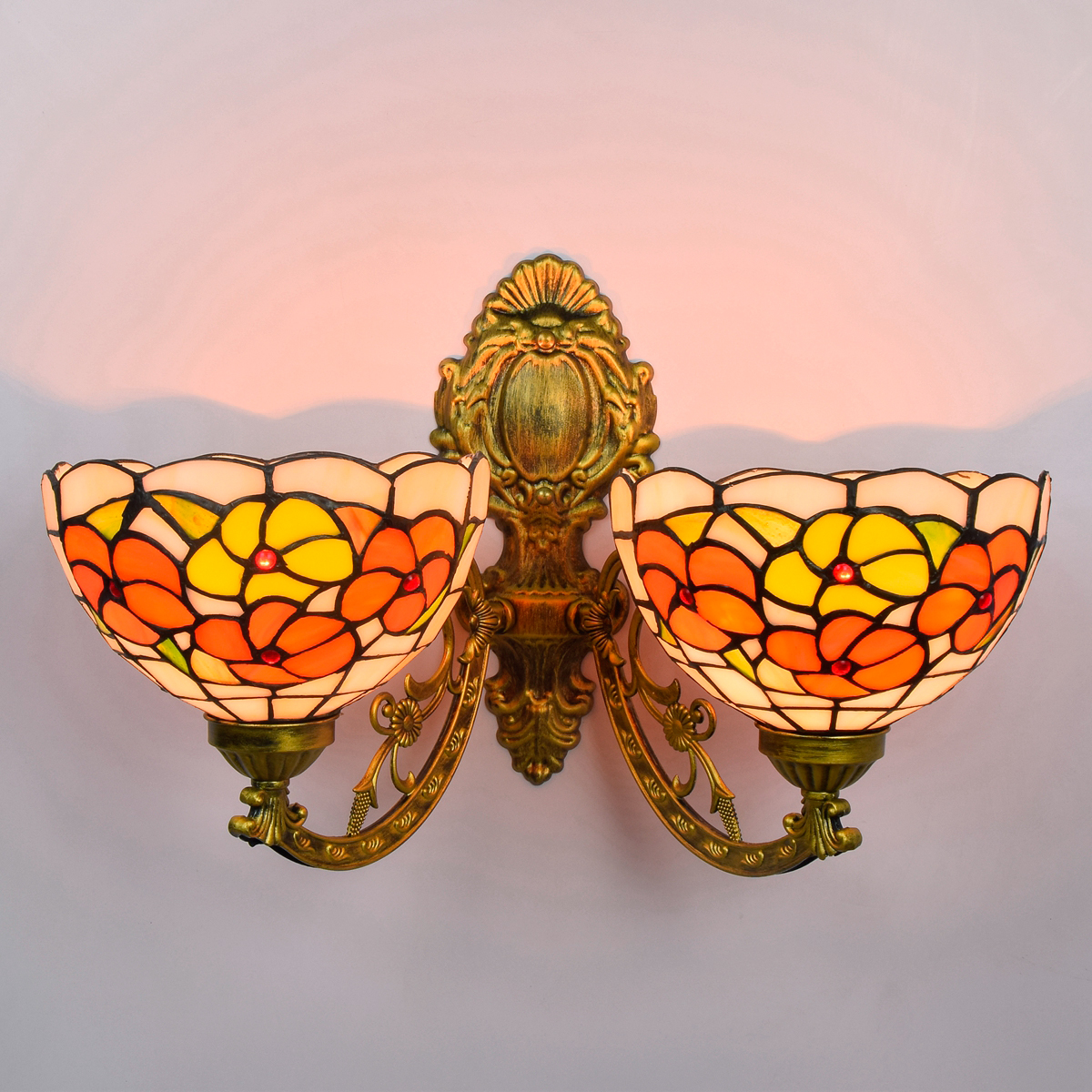 Blivuself Tiffany European Retro Style Stained Glass 8 Inch Orange Morning Glory Rich Flower For Restaurant Bedroom Bedside Wall Lamp Light Luxury Style Living Room Background Wall Passage Wall Lamp 8" Rich Flower - Double Head Corn Wall Lamp OFW1050