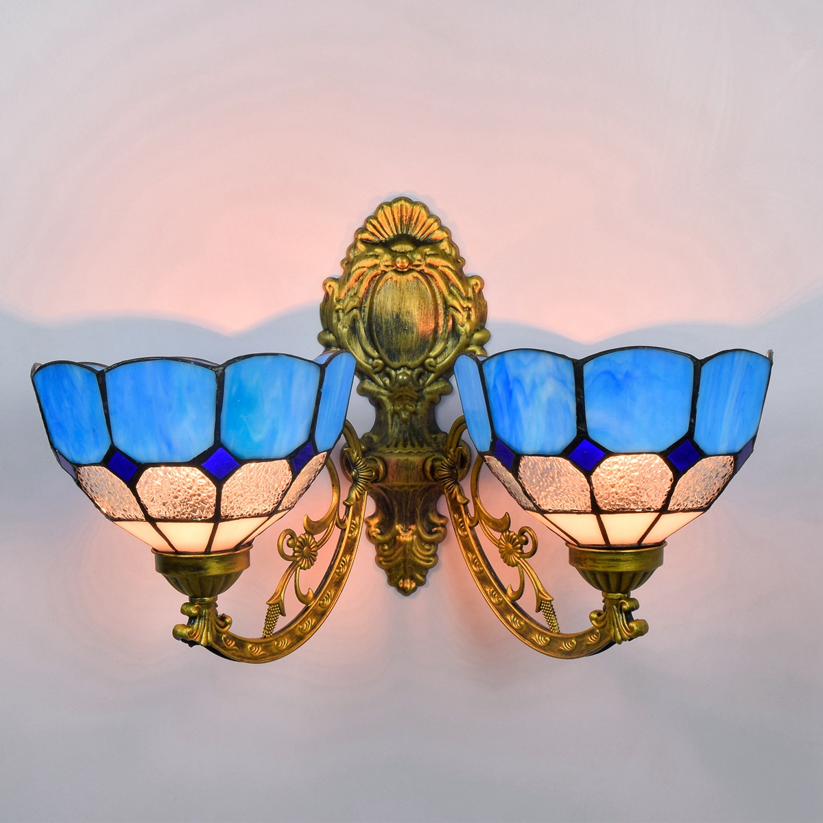 Blivuself Tiffany European Vintage Style Stained Glass 8-Inch Blue Blue Diamond For Restaurant Bedroom Bed Wall Lamp Light Luxury Style Living Room Background Wall Passage Wall Lamp 8-Inch Blue Brick - Double Head Corn Wall Lamp OFW1047