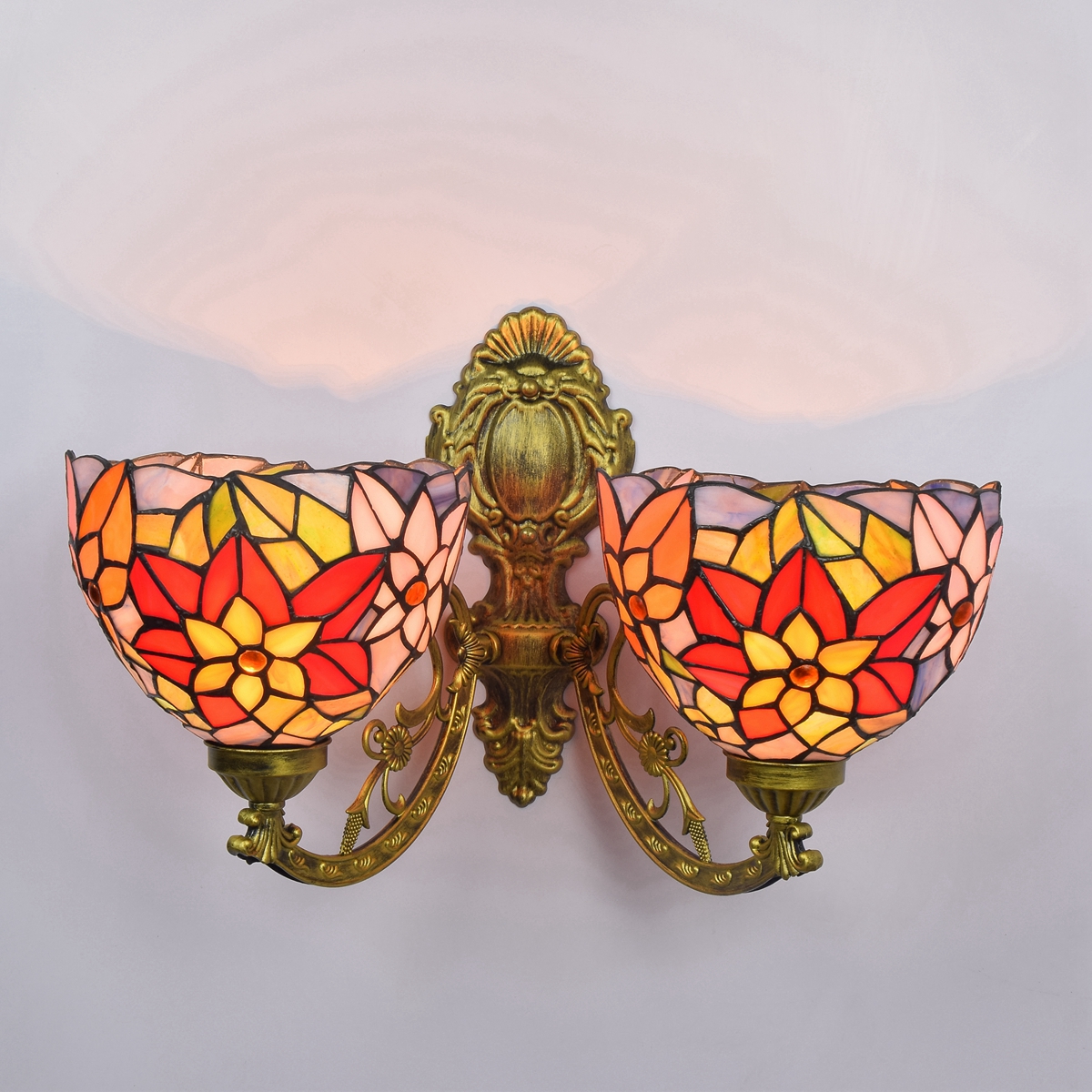 Blivuself Tiffany European Vintage Style Stained Glass 8-Inch Red Chrysanthemum For Restaurant Bedroom Bedside Wall Lamp Light Luxury Style Living Room Background Wall Passage Wall Lamp 8-Inch Chrysanthemum - Double Head Corn Wall Lamp OFW1052
