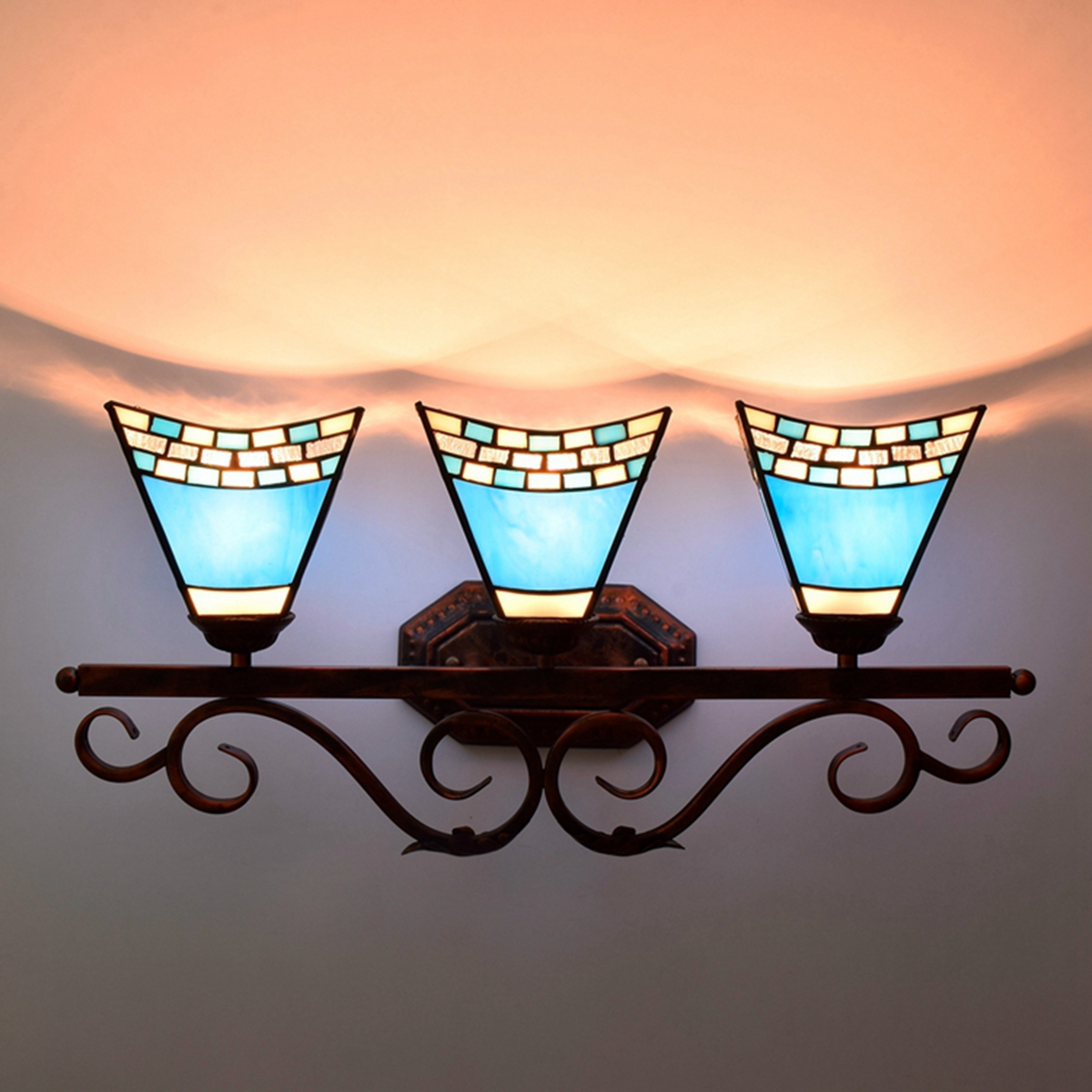 Blivuself Tiffany European Vintage Style Stained Glass 6-Inch Blue Dovetail Handmade Glass Lamp Shade Suitable For Dining Room Bedroom Bedside Wall Lamp Home Decoration Light Luxury Style Living Room Background Wall Passage Wall Lamp 6-Inch Blue Dovetail - Three Red Bronze Wall Lamp OFW1062